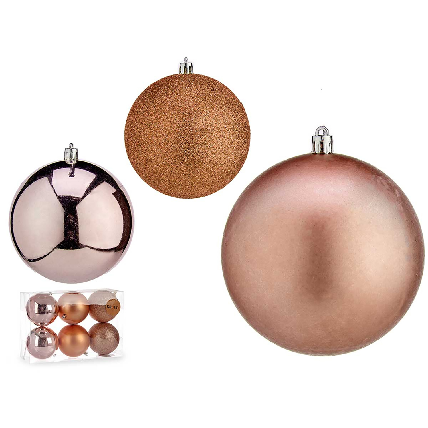 Tre palline di Natale color oro rosa, una glitterata, e una scatola di sei palline.