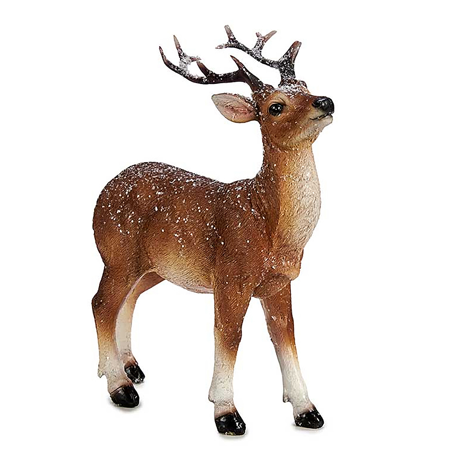 Figura di renna marrone con fiocchi di neve e corna su sfondo bianco.