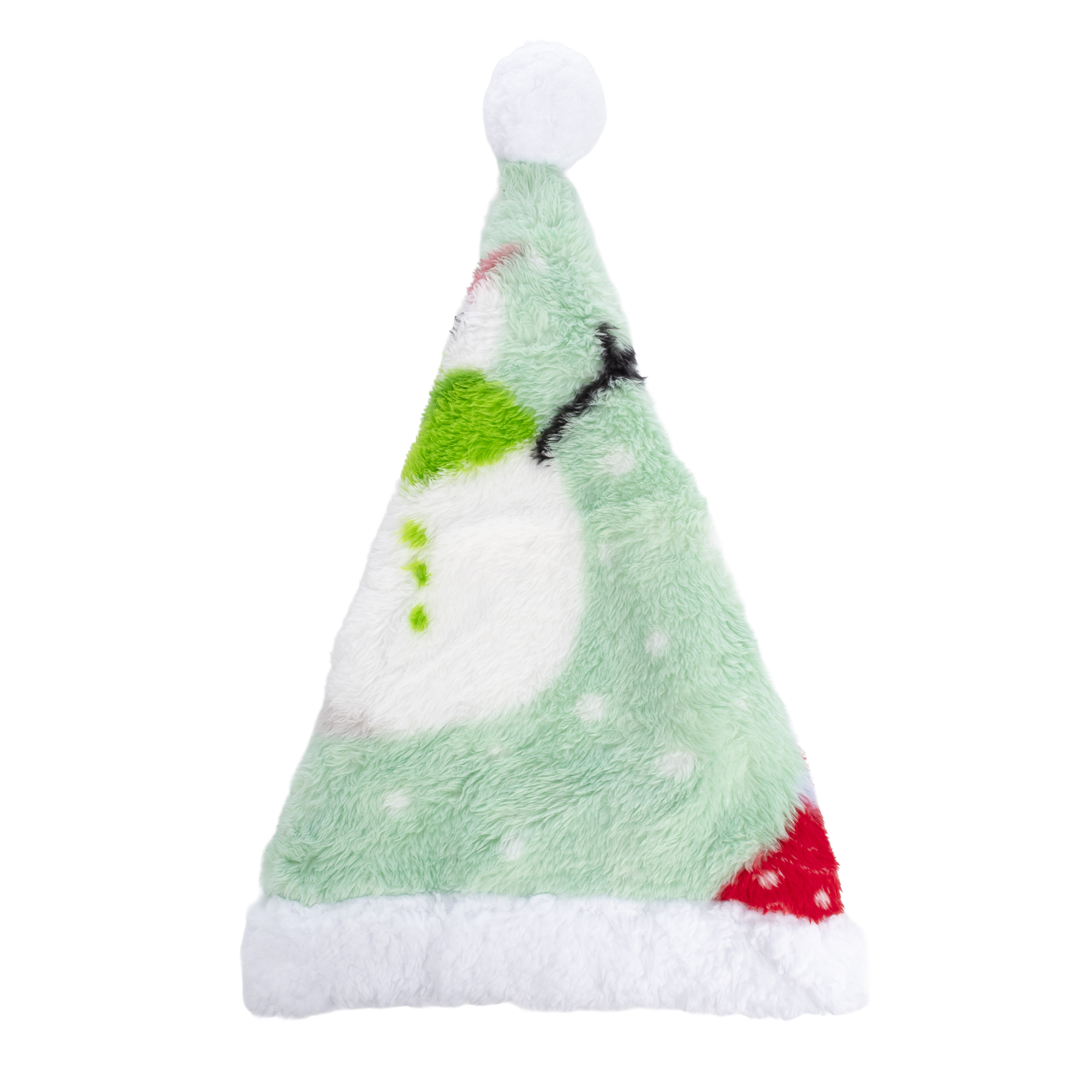 Un cappello di Babbo Natale peloso con disegno di pupazzo di neve su sfondo verde chiaro.