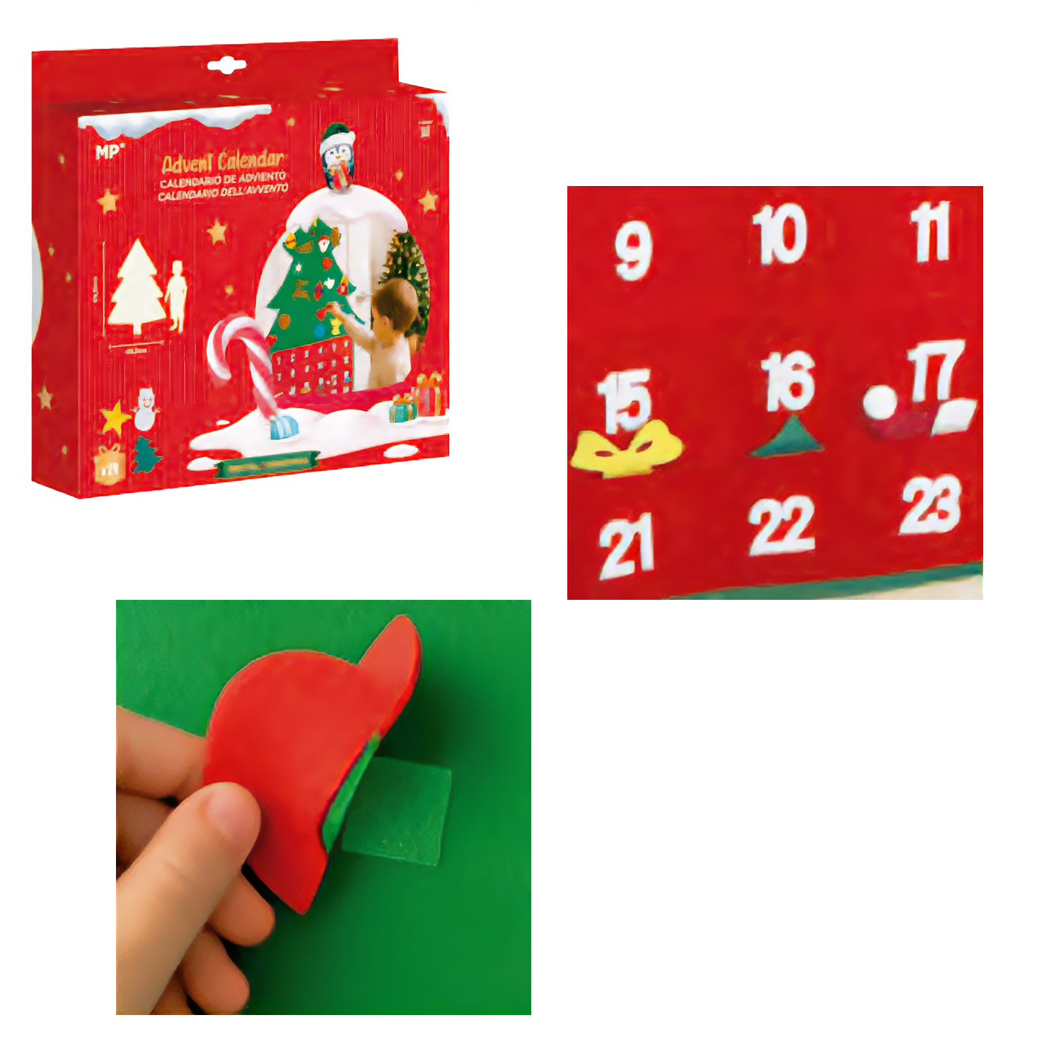 Un calendario dell'avvento a tema natalizio e una mano che applica adesivi su superficie verde.