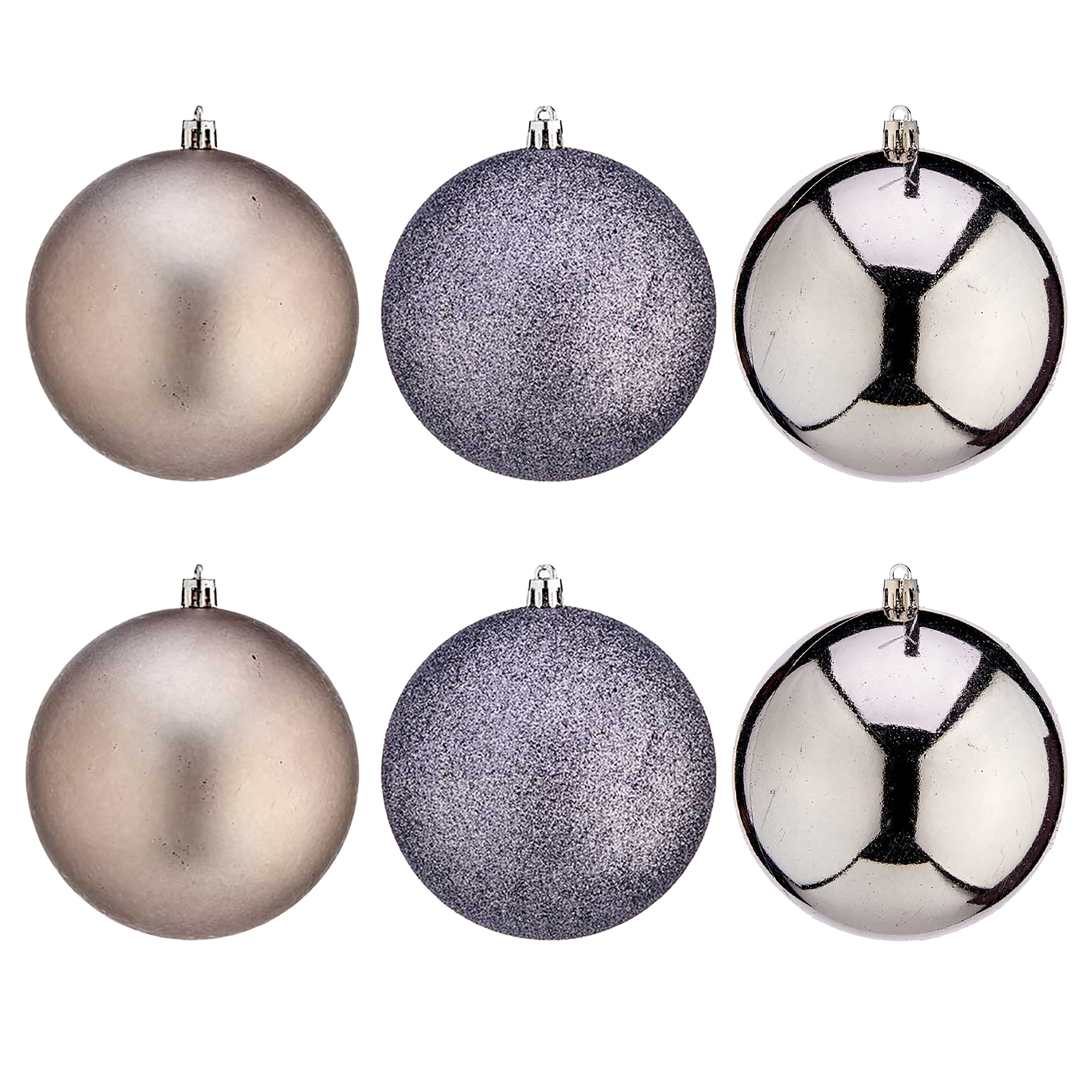 Sei palline di Natale: due rosa opaco, due viola glitter, due specchiate.