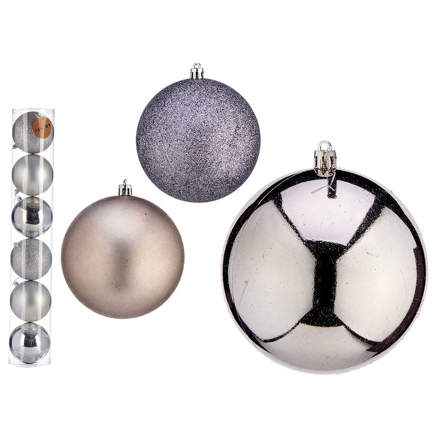 Una scatola di palline di Natale argentate e tre palline singole.