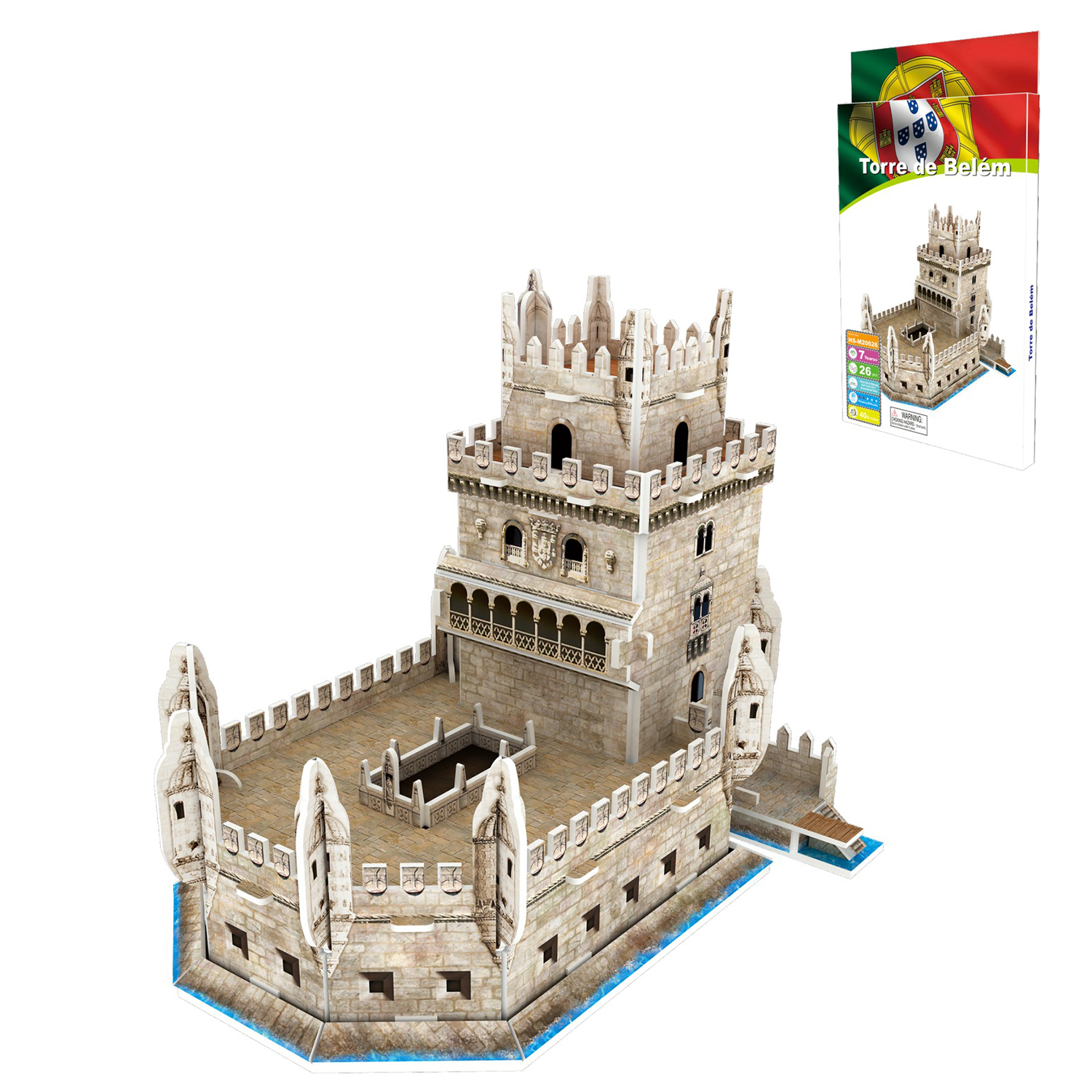 Un puzzle 3D della Torre di Belém con la bandiera portoghese sullo sfondo.