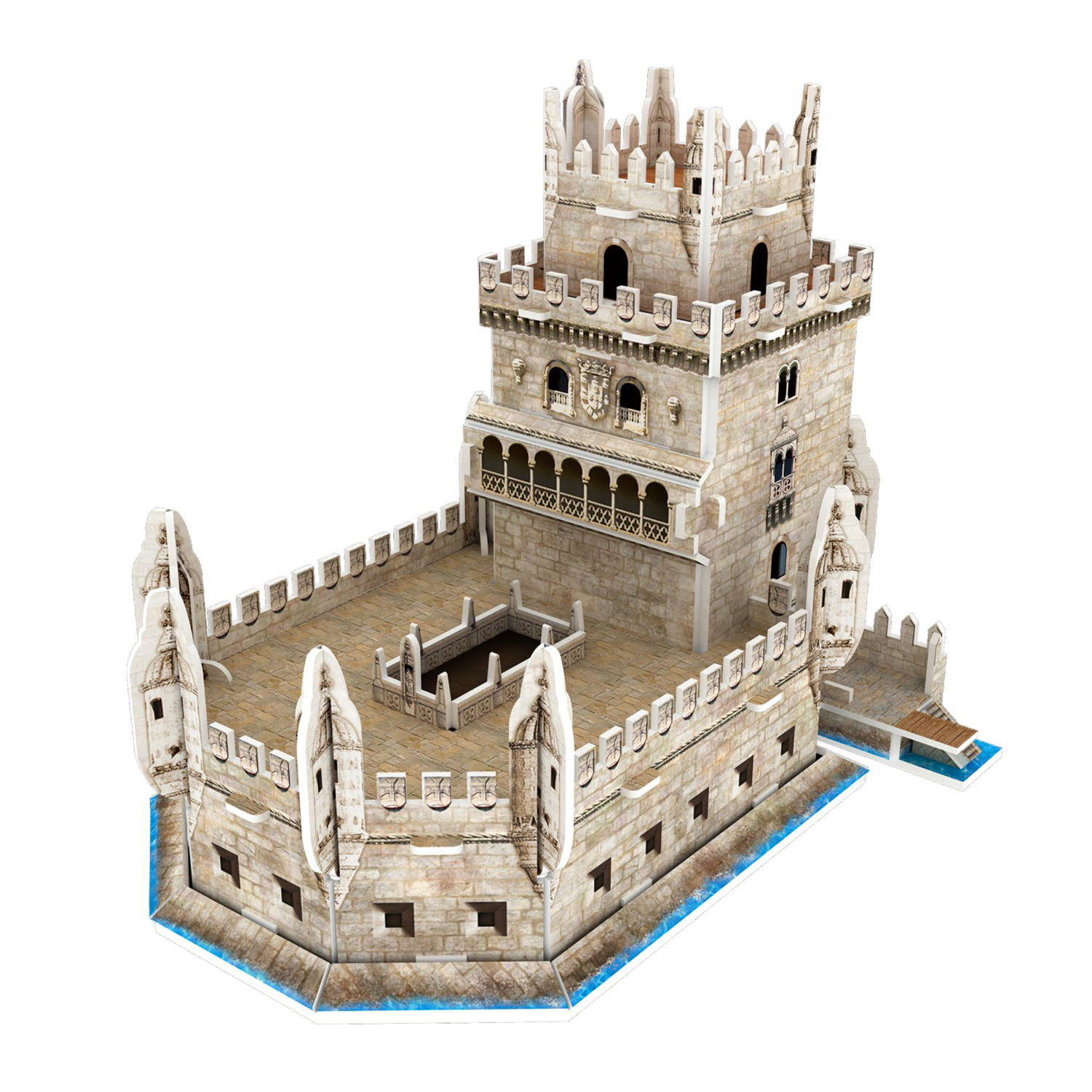 Modello dettagliato in pietra della Torre di Belém su base d'acqua blu.