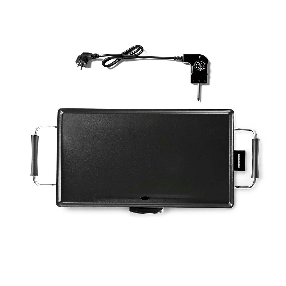 Czarny grill elektryczny z odpinanym termostatem i kablem, na białym tle.