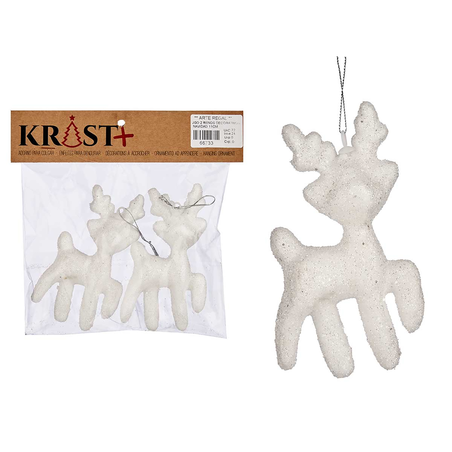 Due ornamenti renna bianchi glitterati, uno in confezione, uno appeso.