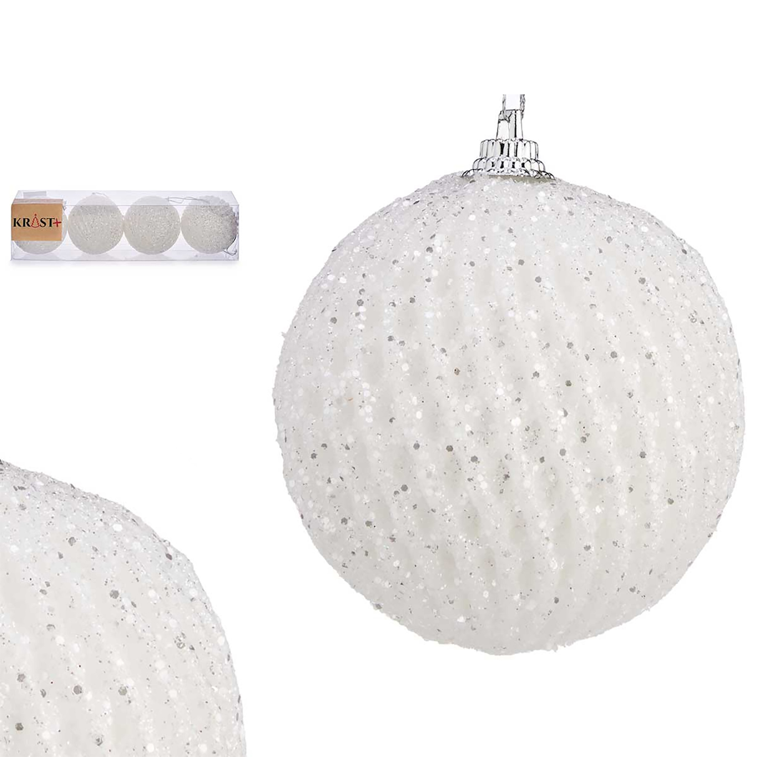 Un ornamento natalizio bianco glitterato con accenti argentati.