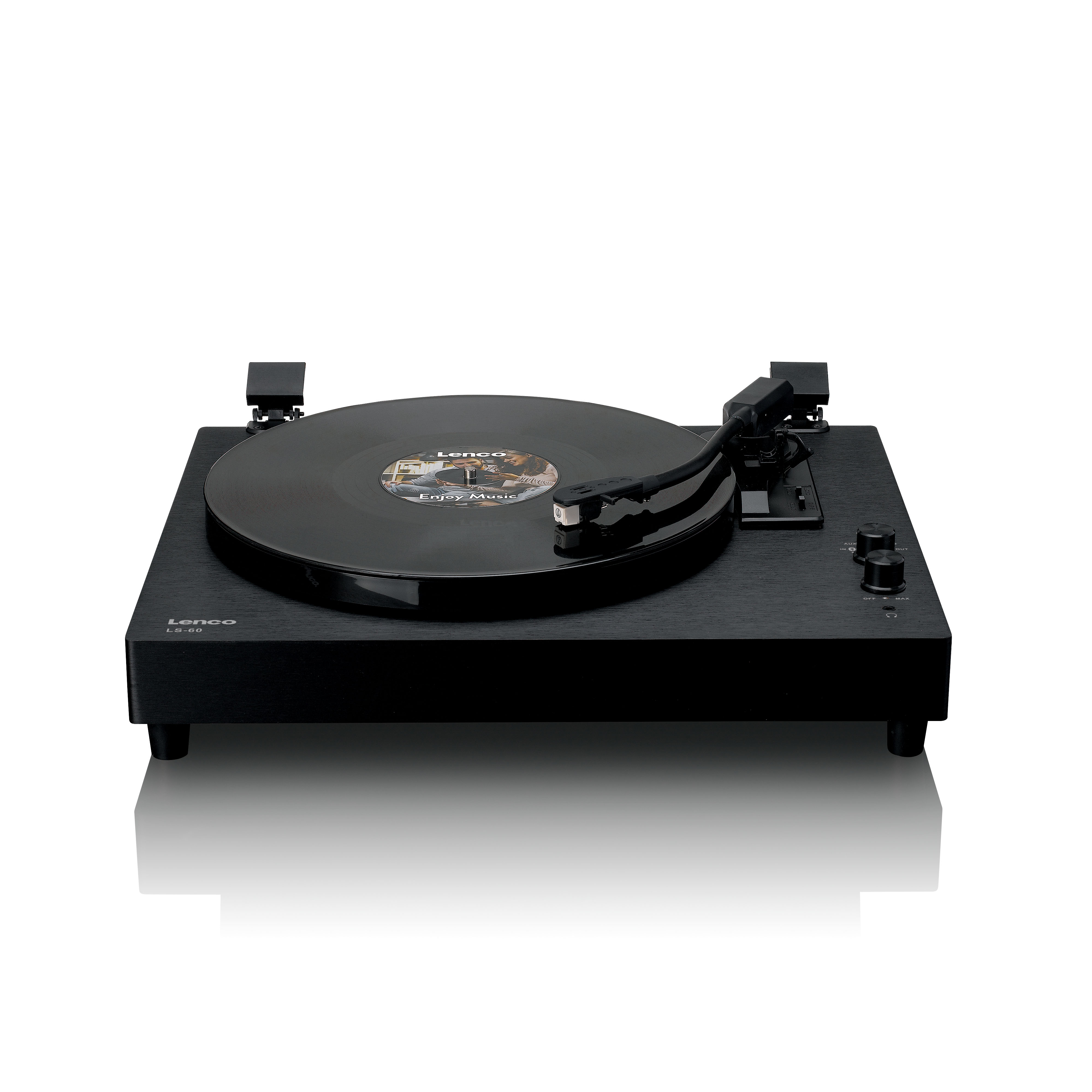A black turntable with a record and tonearm playing it.