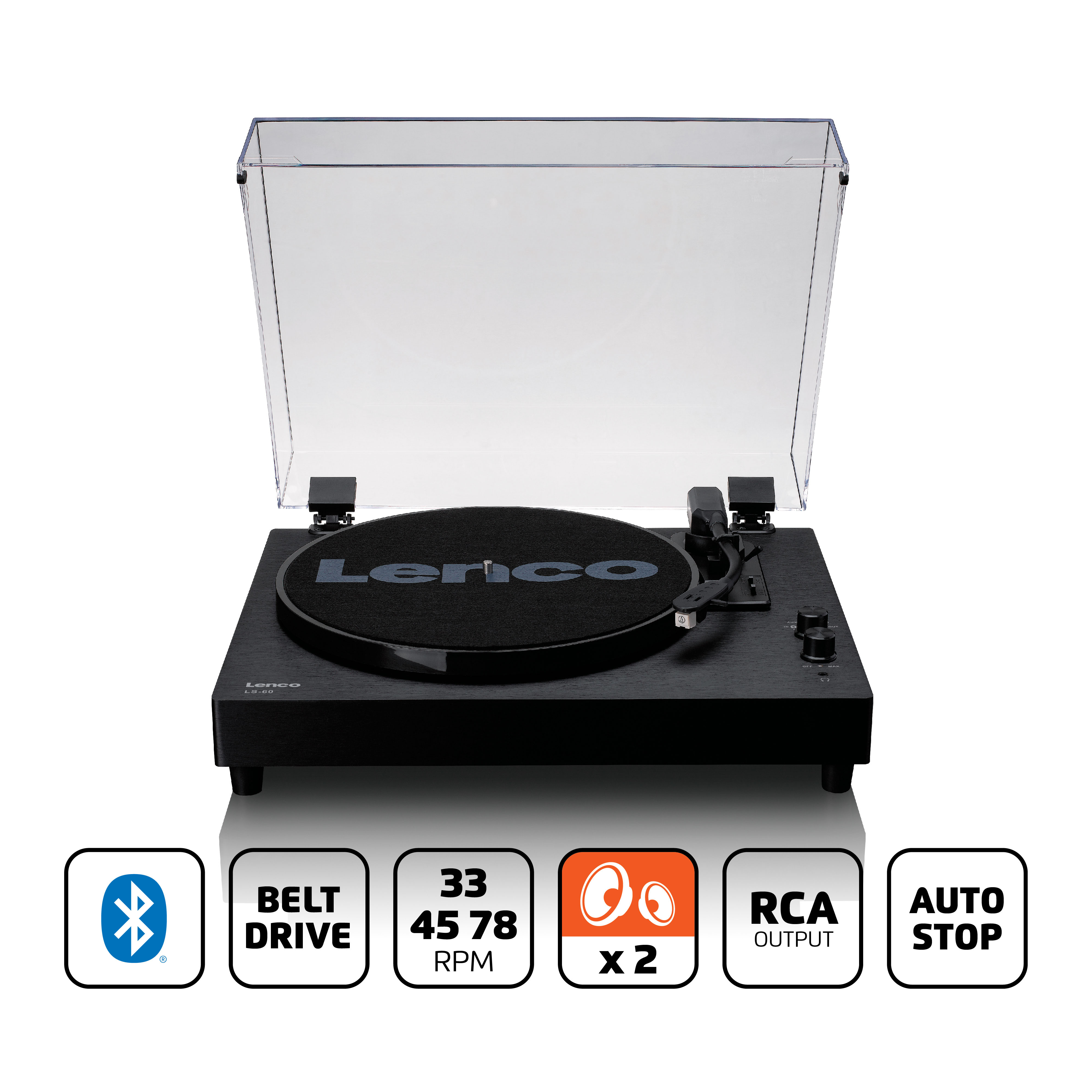 Black turntable with open lid, icons for Bluetooth, belt drive, RPMs, speakers, and RCA.