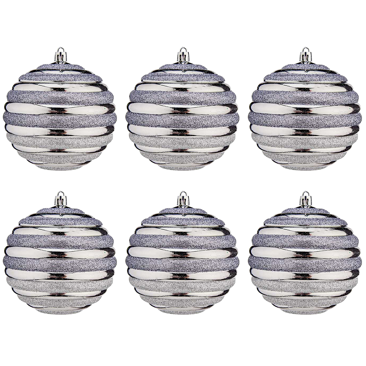 Sei palline di Natale argentate e glitterate con scanalature a spirale.