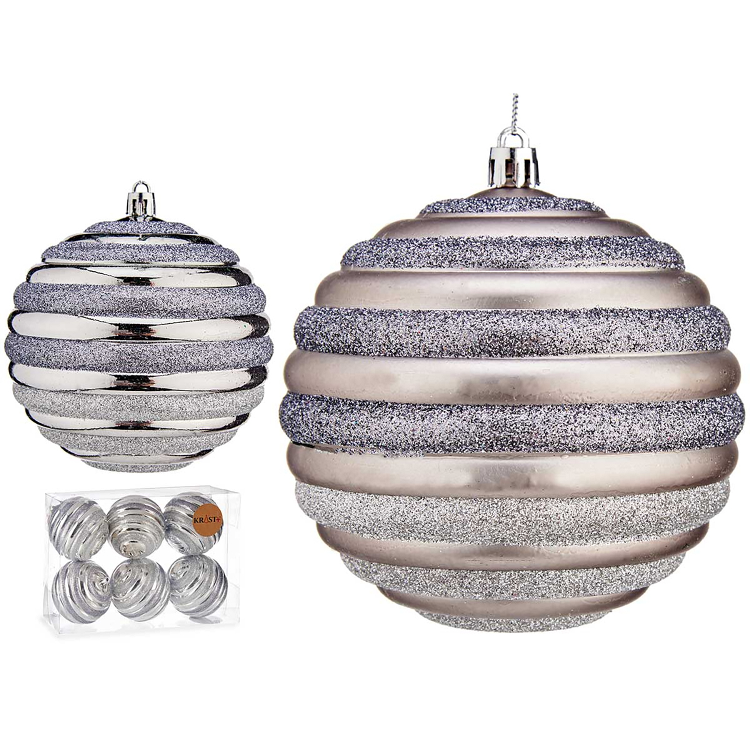 Due palline di Natale sferiche argentate con motivo a strisce e glitter.
