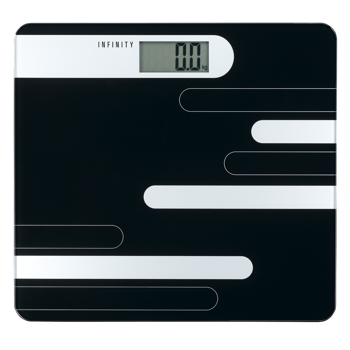 Czarna waga cyfrowa pokazująca 0,0 kg z białymi liniami dekoracyjnymi.