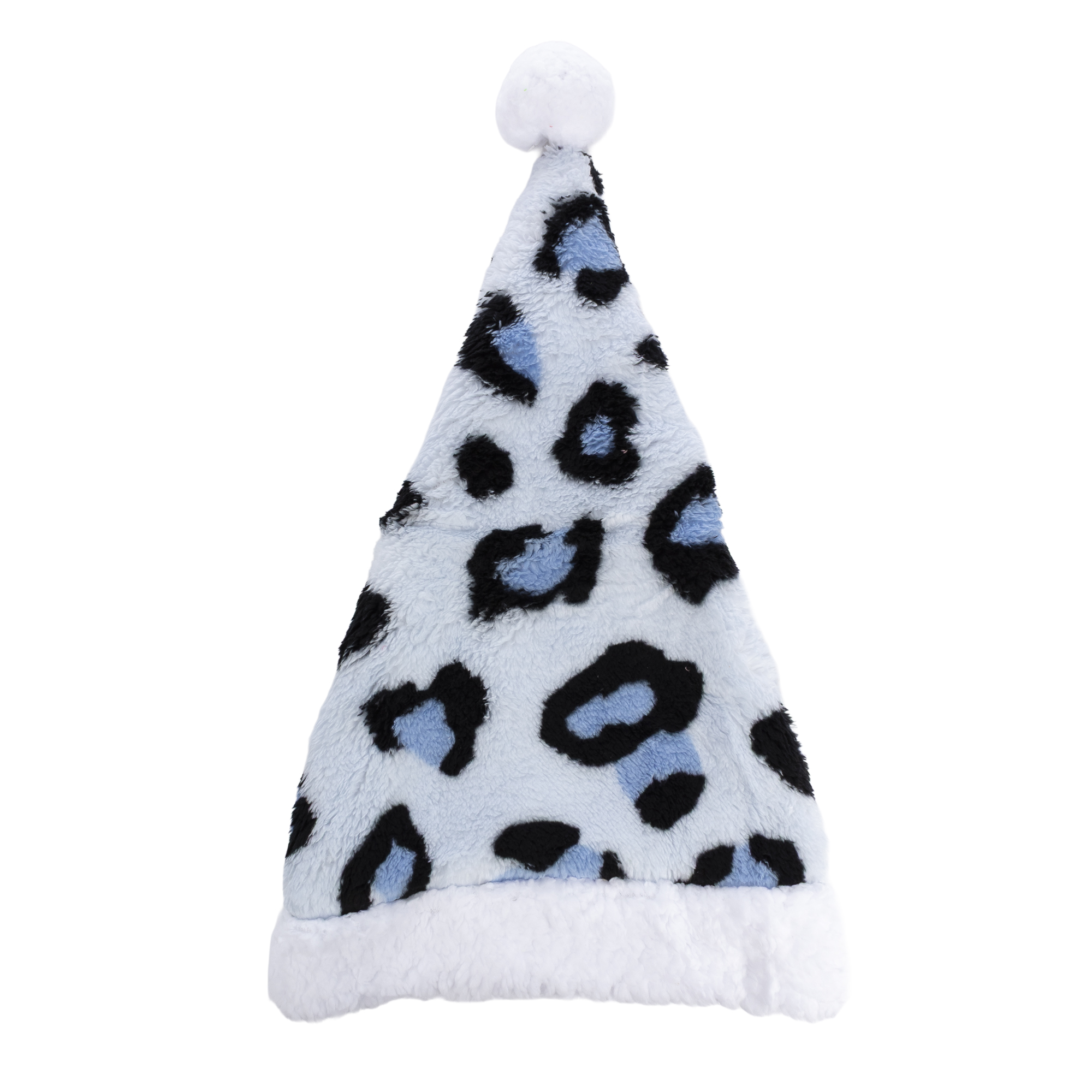Un cappello di Babbo Natale blu chiaro con stampa leopardata e pompon bianco.