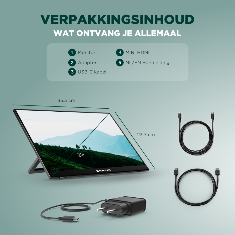Un moniteur avec accessoires : adaptateur secteur, câble USB-C, câble Mini-HDMI.