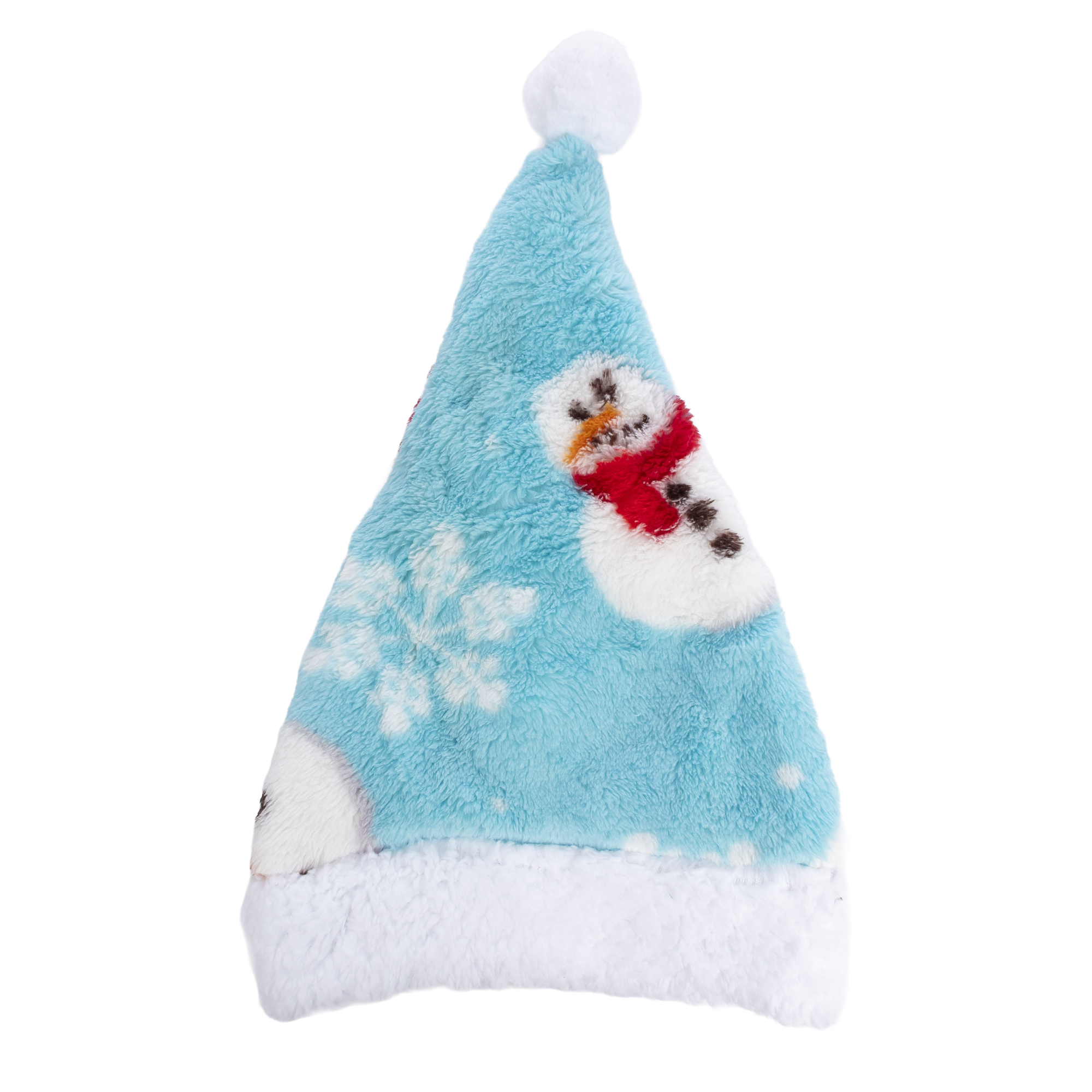 Un cappello di Babbo Natale blu chiaro con motivi di pupazzo di neve.