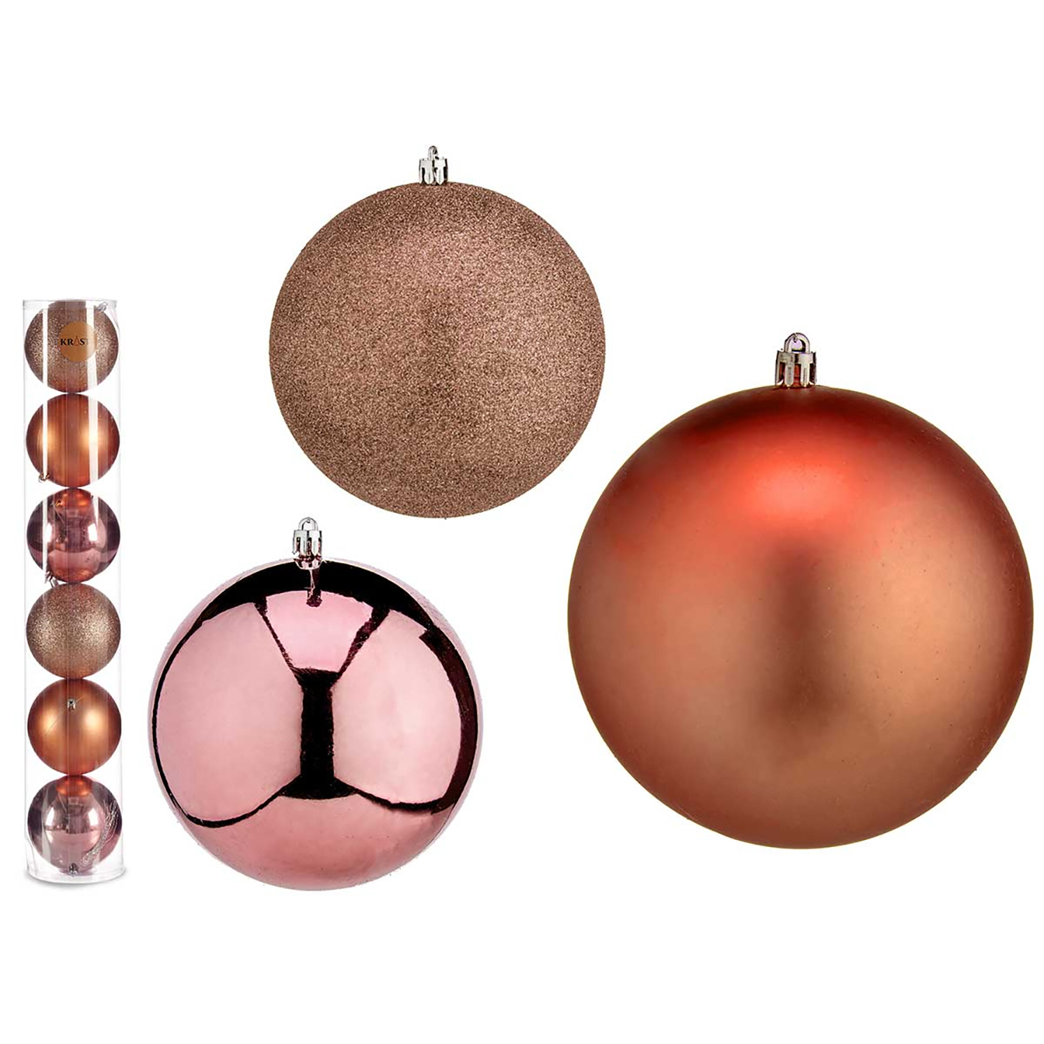 Una confezione di palline di Natale color oro rosa e rosso rame.