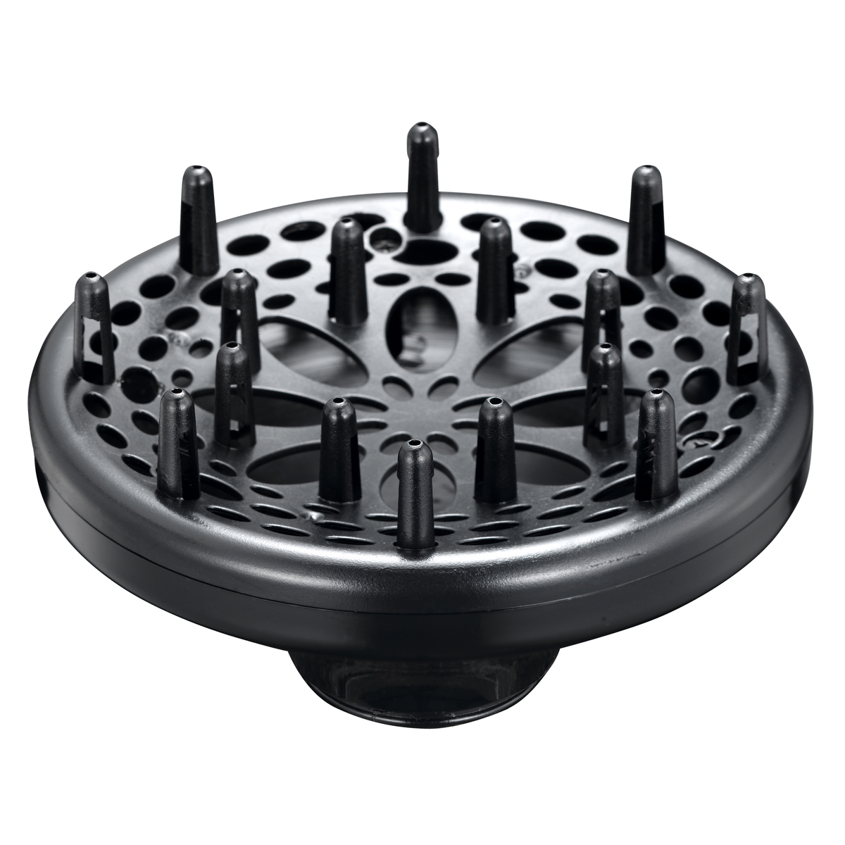 Czarny dyfuzor do suszarki do włosów z wieloma bolcami.