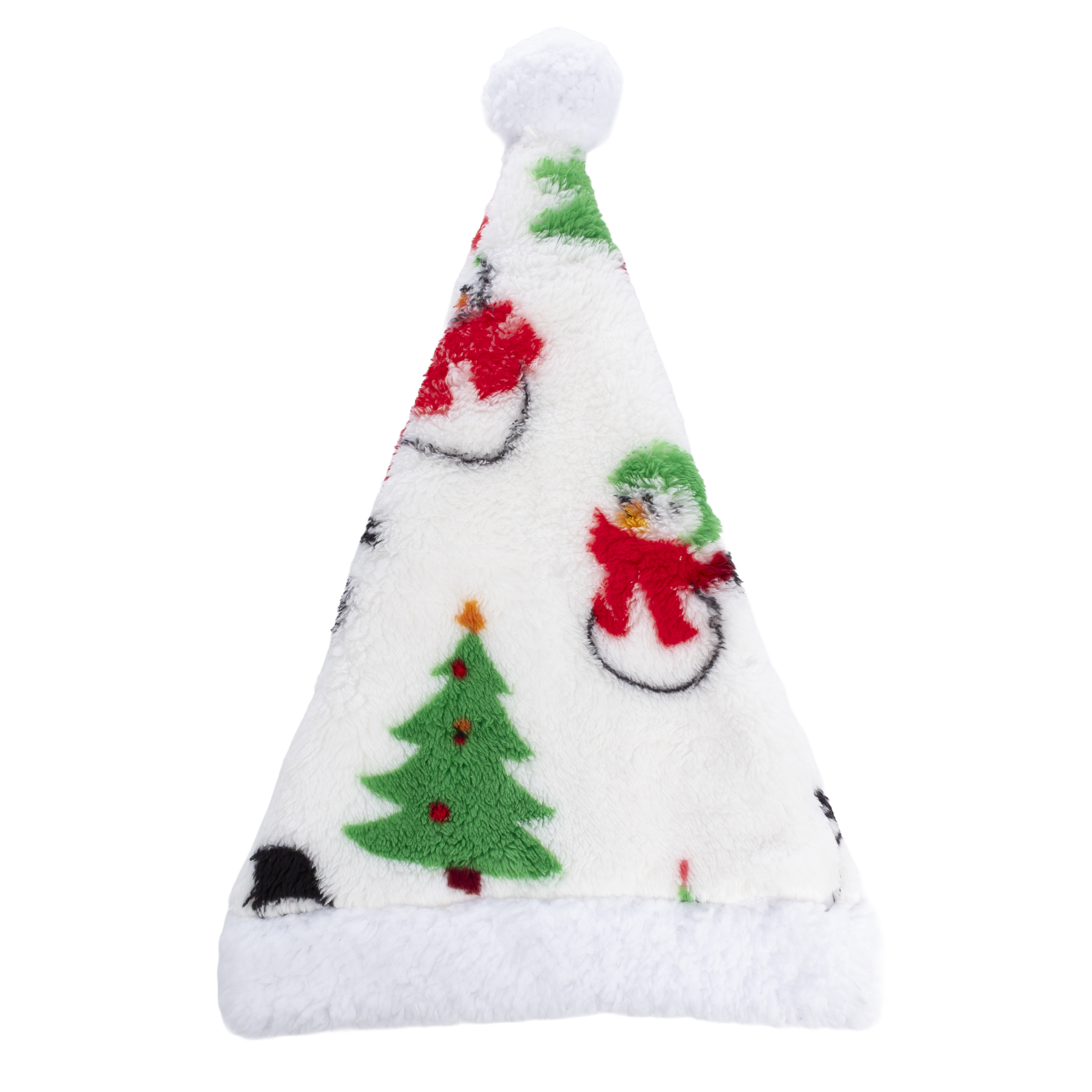 Un cappello di Babbo Natale bianco con motivi di pupazzo di neve e albero di Natale.