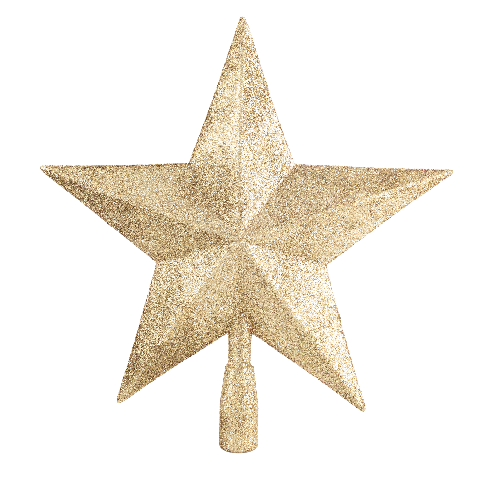 Una stella dorata glitterata con base, per albero di Natale.