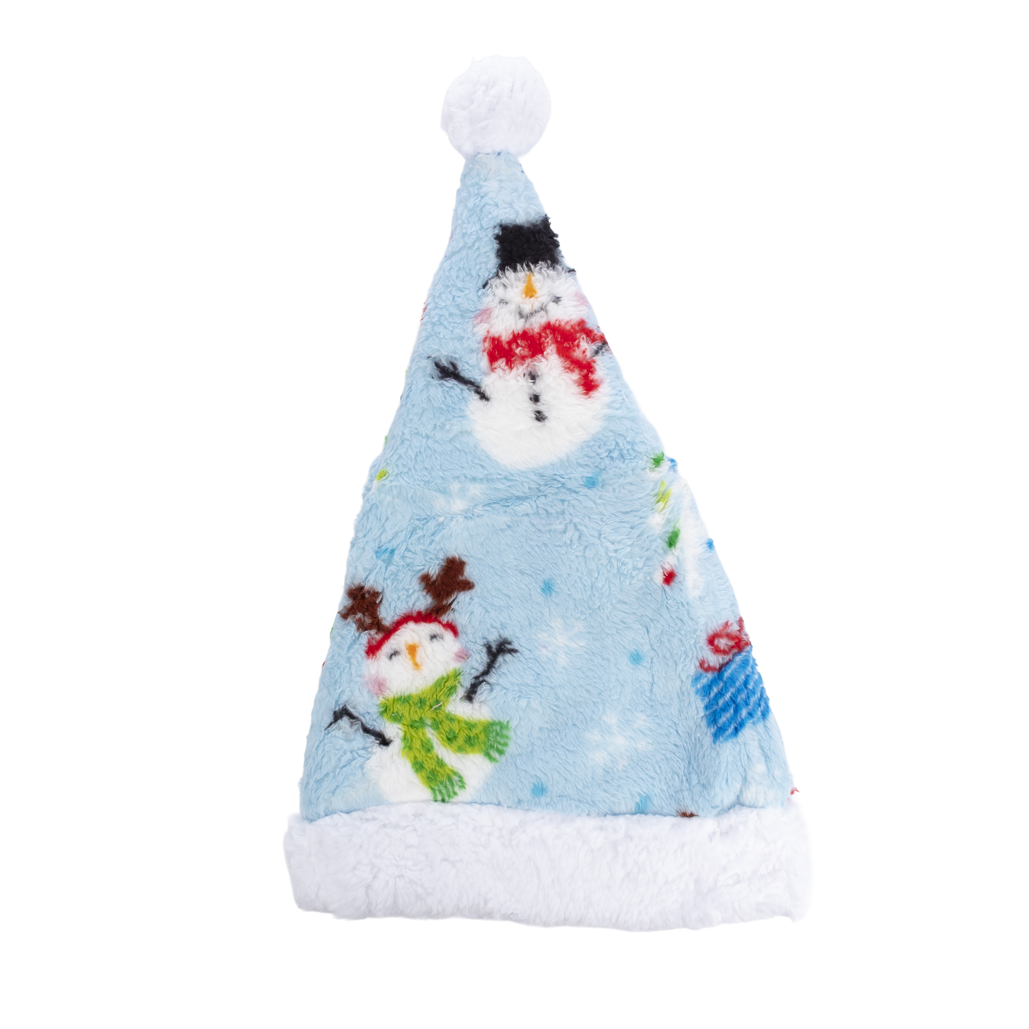 Cappello di Babbo Natale azzurro con pupazzi di neve, renne e regali.