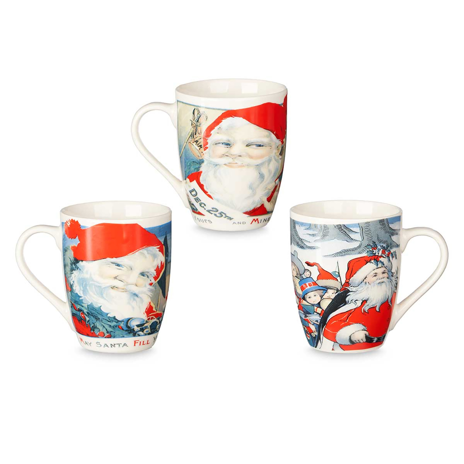 Tre tazze di Babbo Natale con disegni vintage. Una mostra un primo piano del viso.