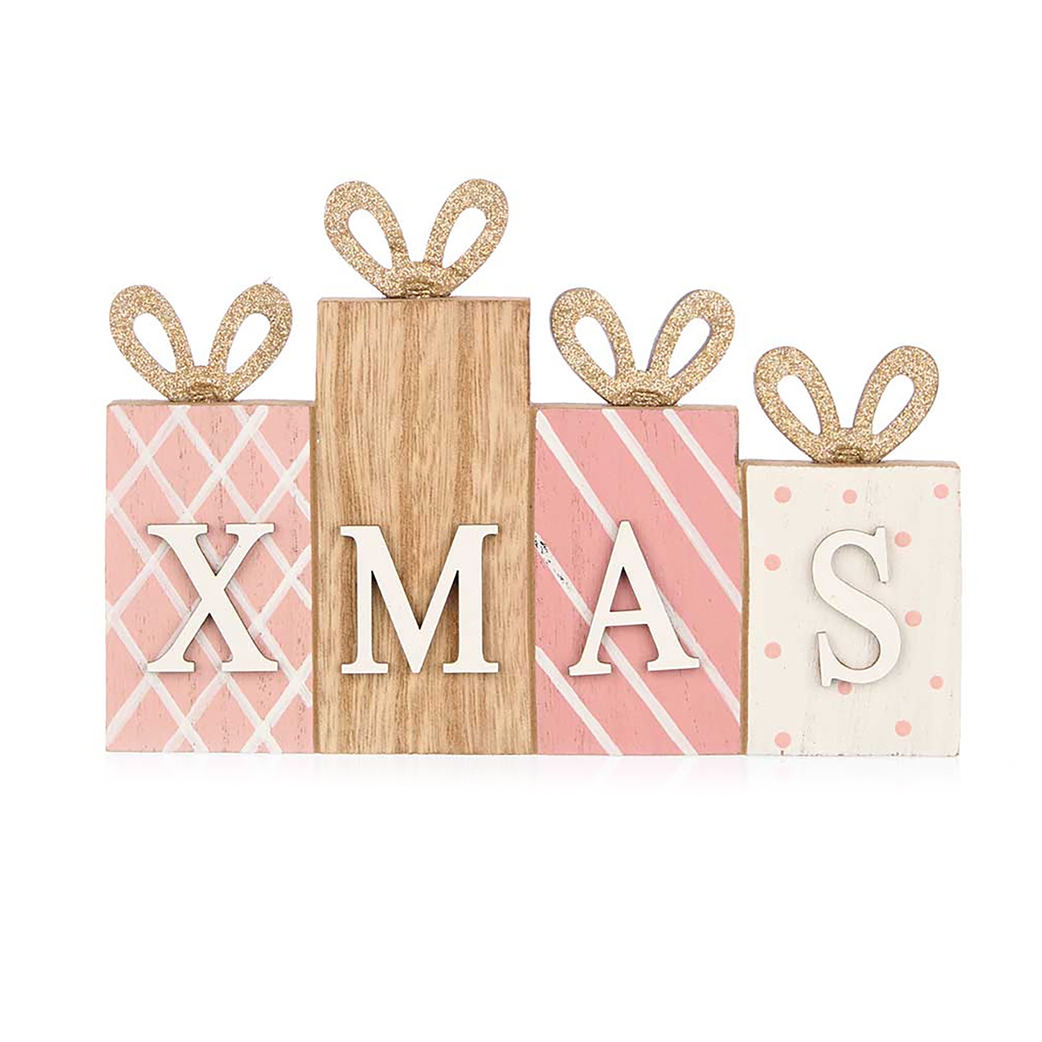 Decorazione in legno "XMAS", design a pacco regalo, rosa e legno.