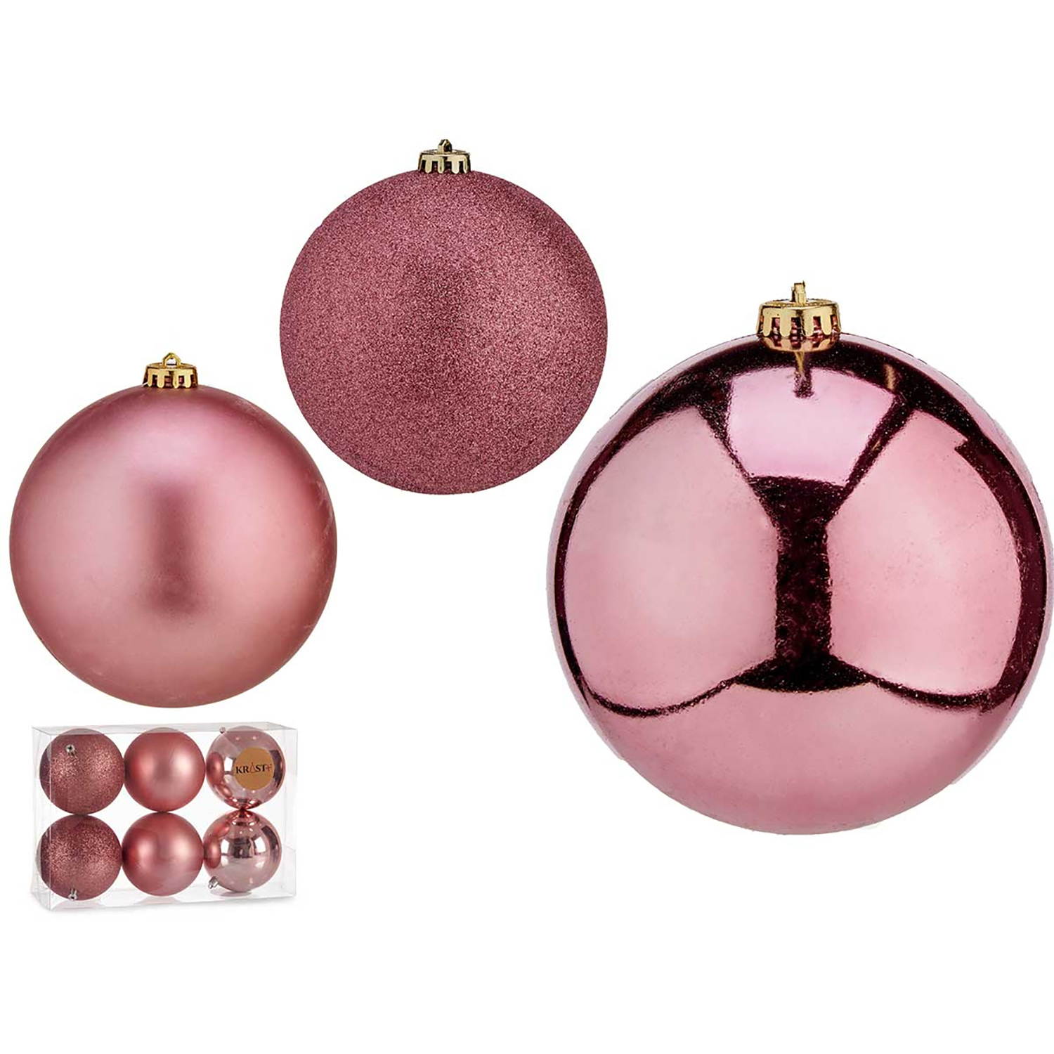 Palline rosa glitterate e a specchio, un set in scatola, per decorazioni natalizie.