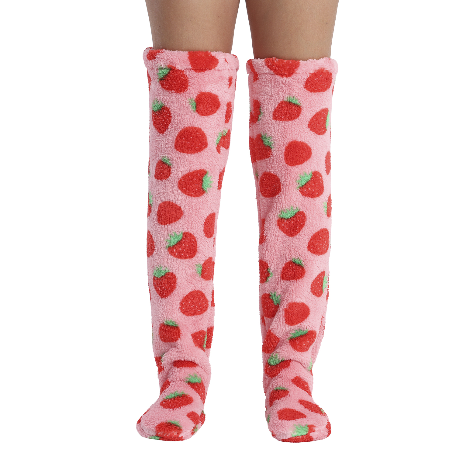 Calzini rosa alti al ginocchio con fantasia fragole.