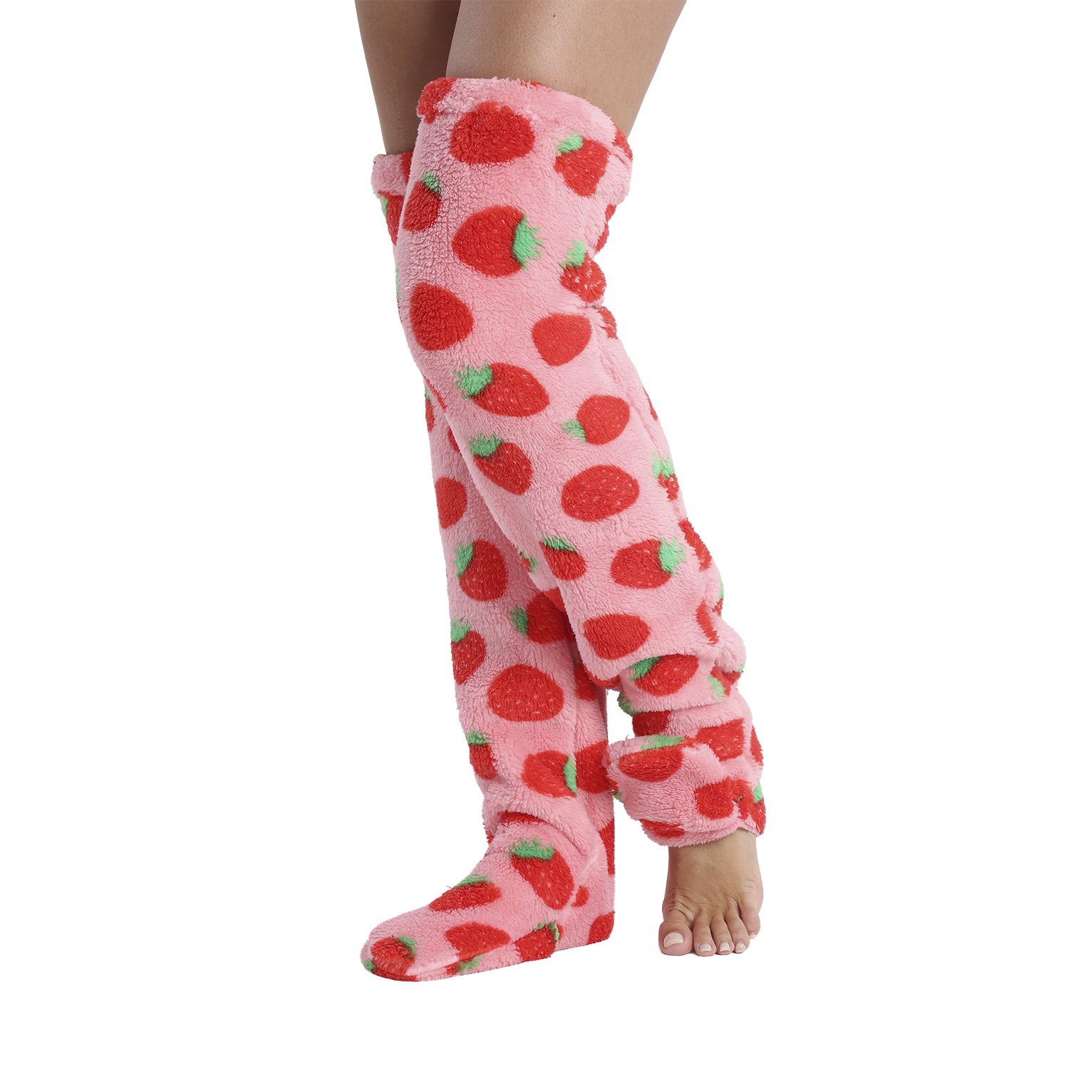 Scaldamuscoli rosa felpati con fragole rosse e foglie verdi.