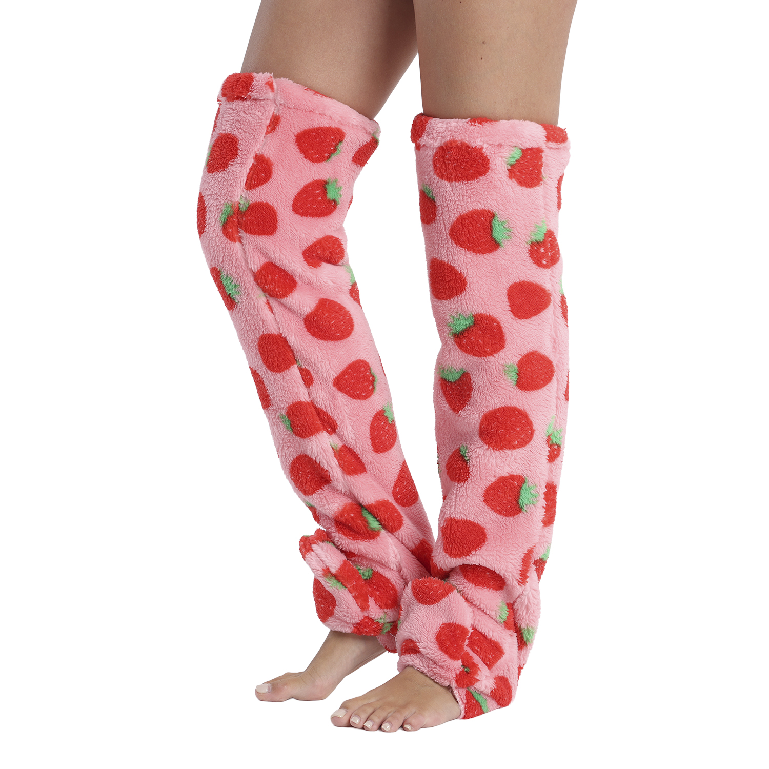Scaldamuscoli rosa con fragole rosse, che arrivano sopra il ginocchio.