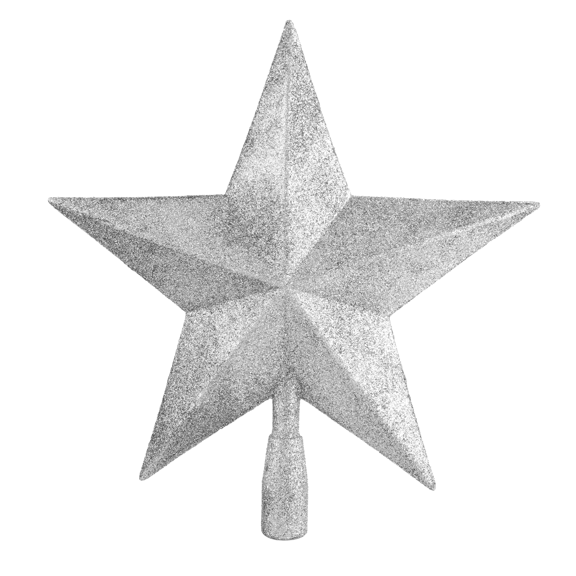 Un puntale a forma di stella argentato e scintillante per albero di Natale.