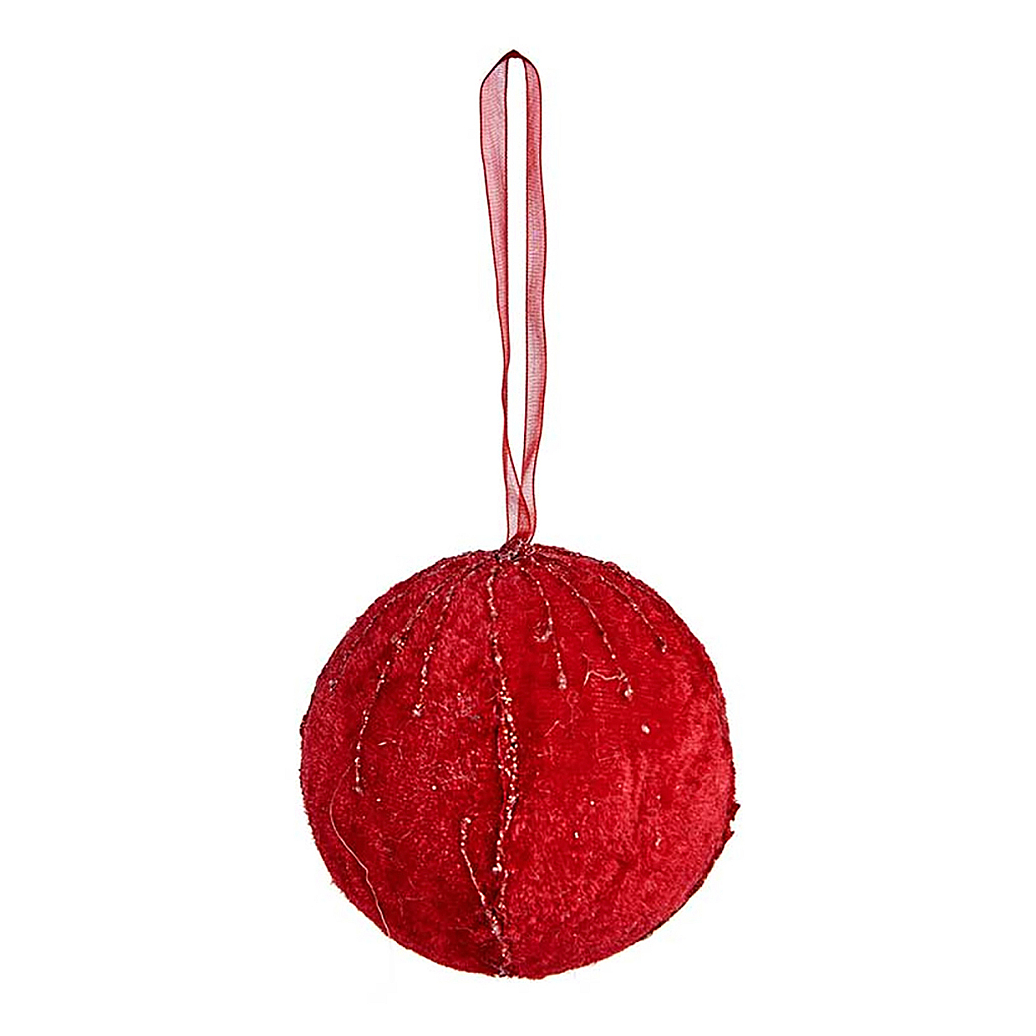 Adorno navideño de terciopelo rojo con hilos brillantes y cinta roja.