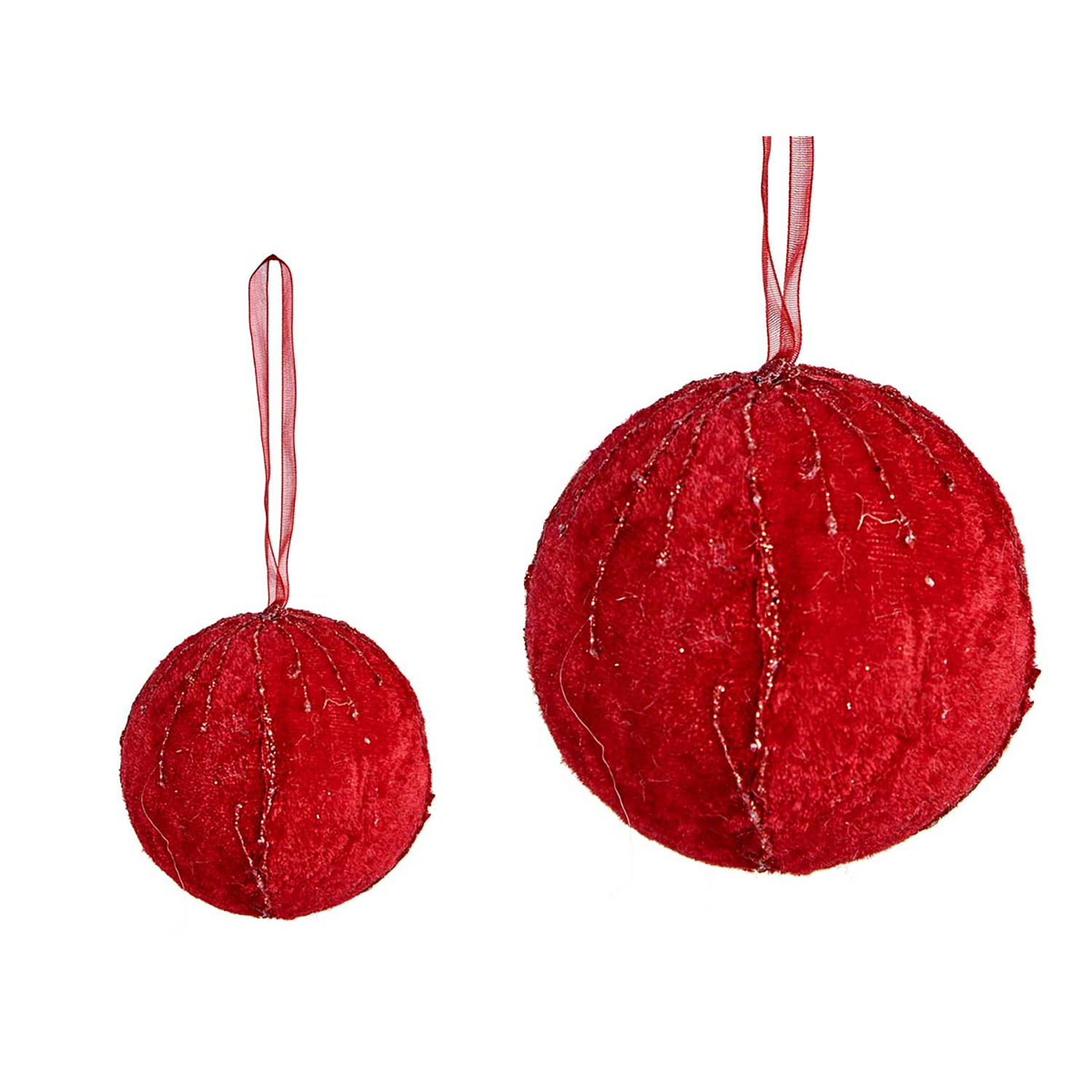 Dos adornos de terciopelo rojo con hilos de purpurina, uno más pequeño.