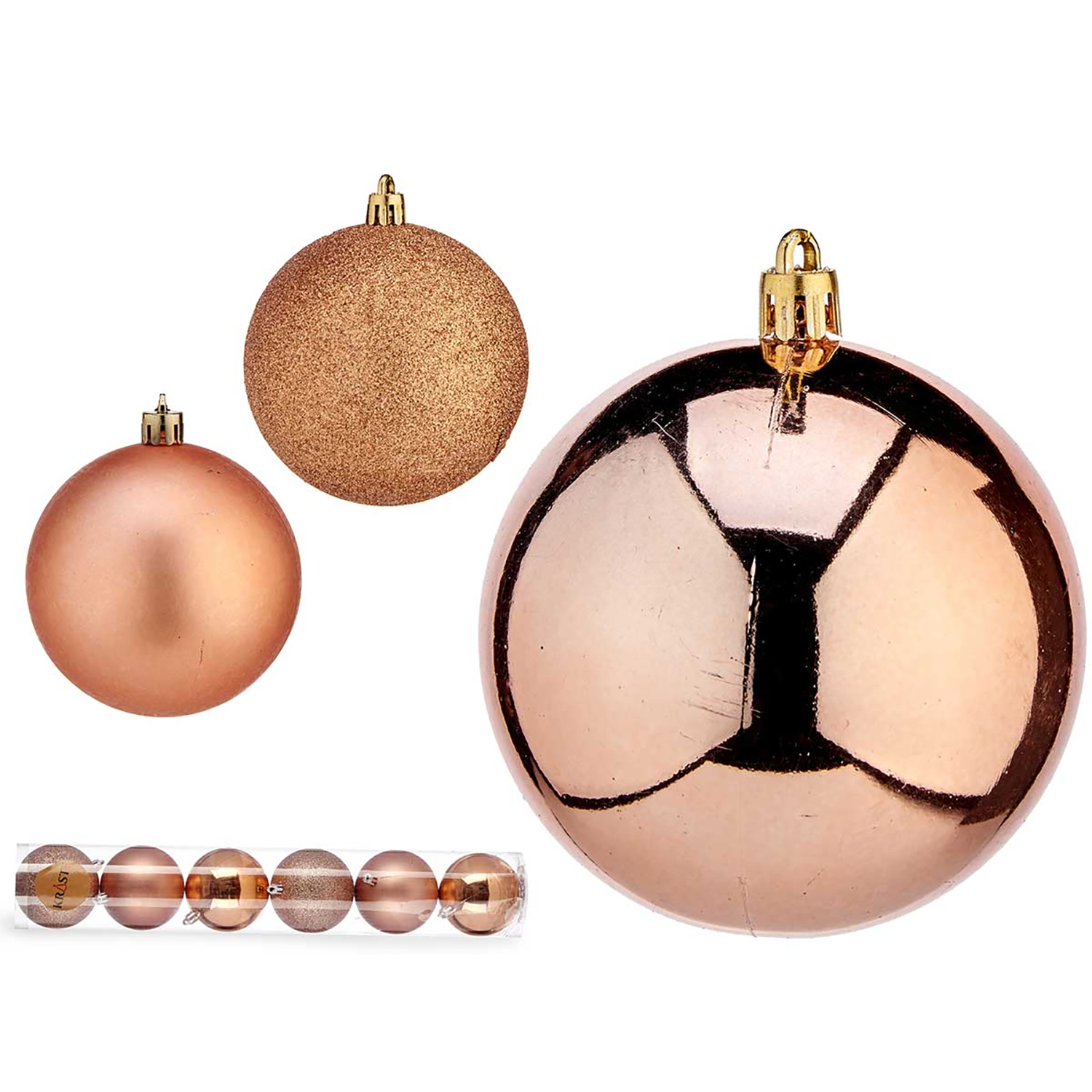 Palline di Natale color oro rosa: glitter, opache e riflettenti, in set.