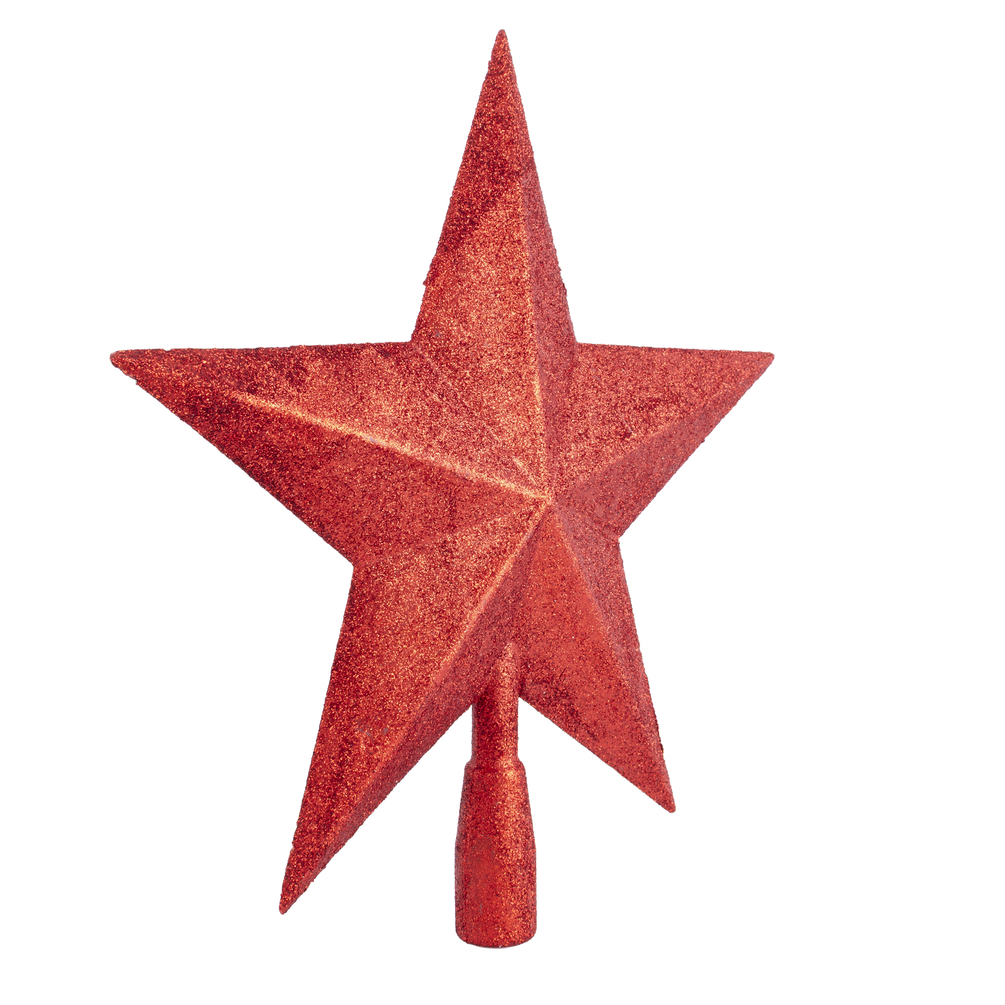 Una stella rossa scintillante per albero di Natale su sfondo bianco.