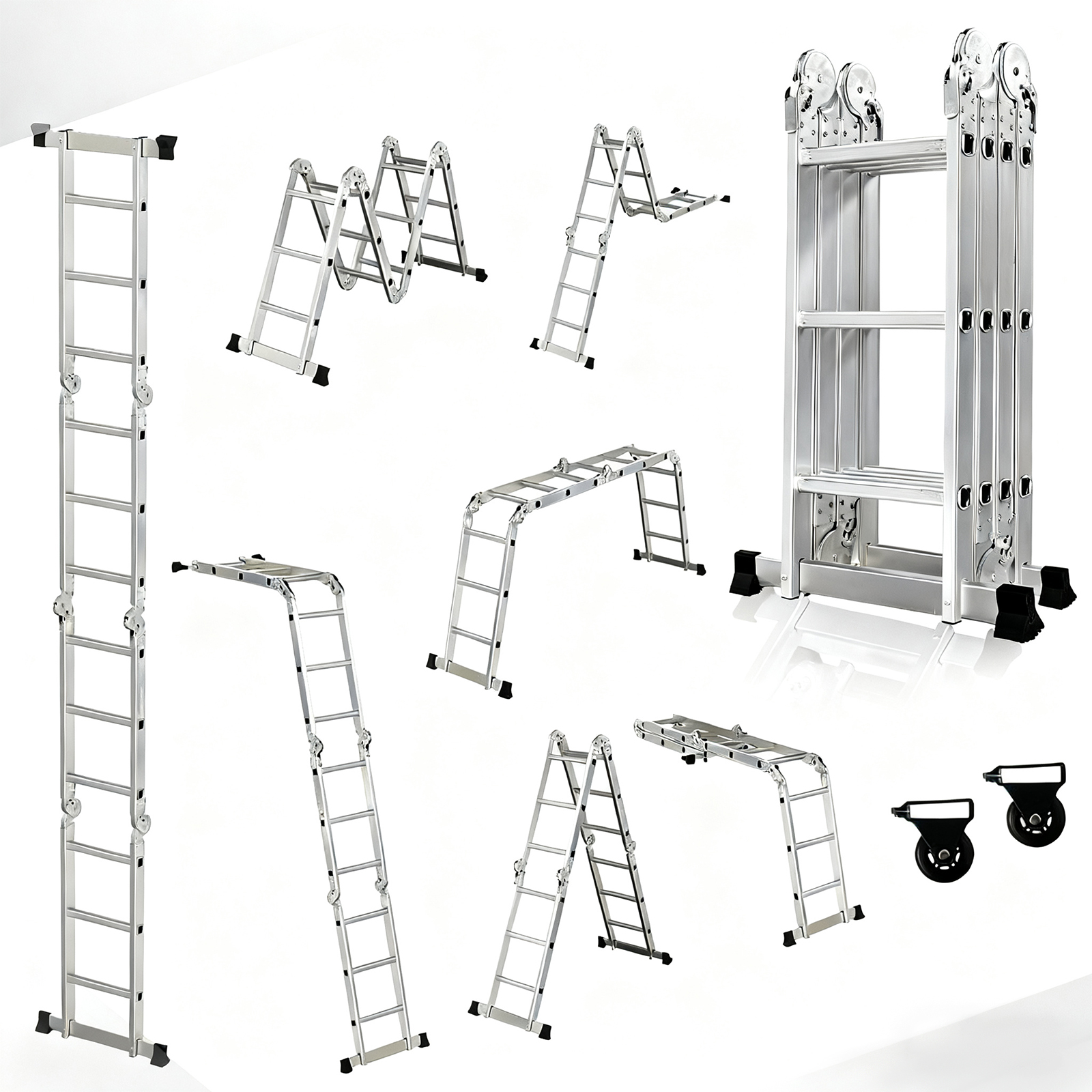 Meerdere aluminium ladders in diverse configuraties, waaronder een lange rechte ladder.