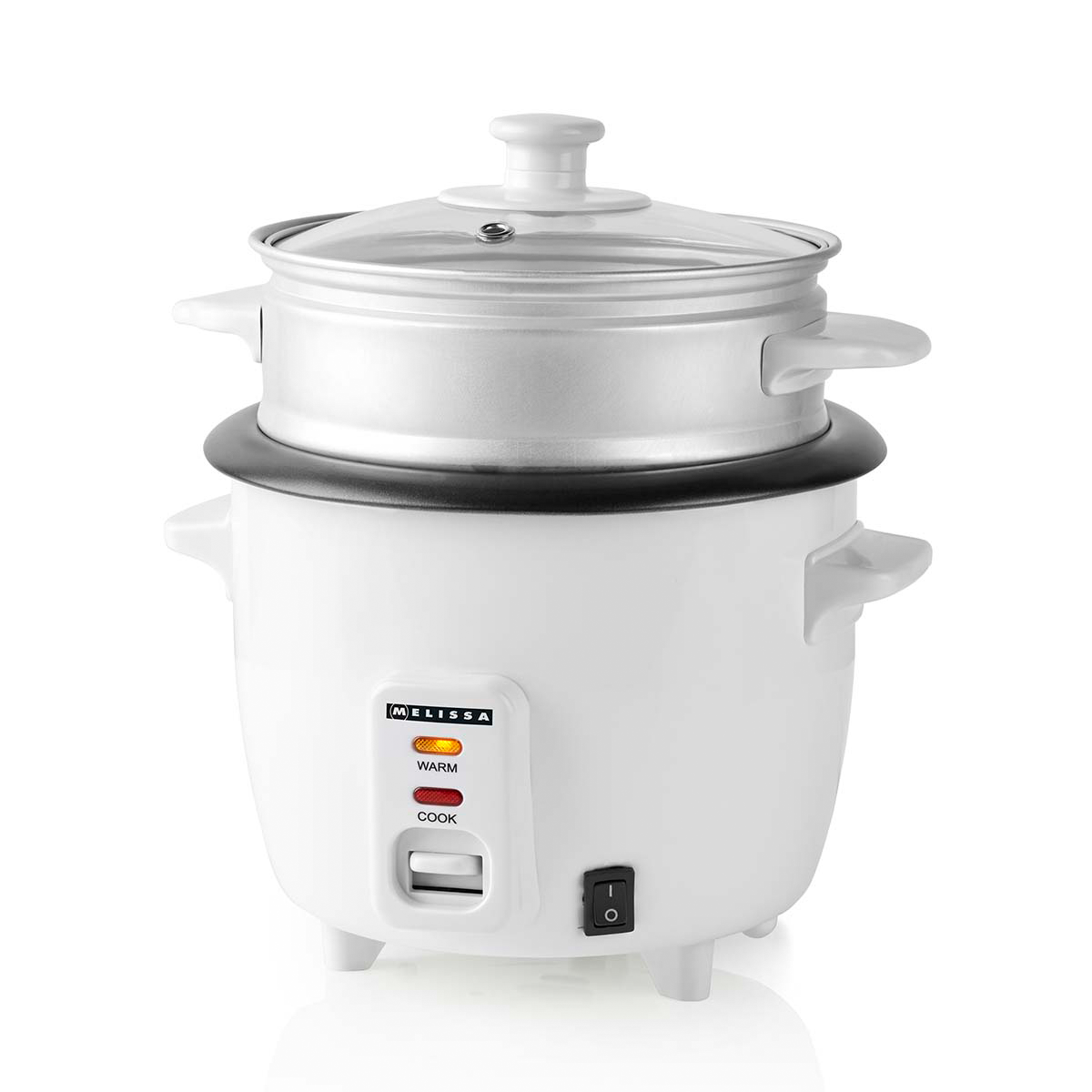 Biała kuchenka do ryżu ze szklaną pokrywką i parowarem.