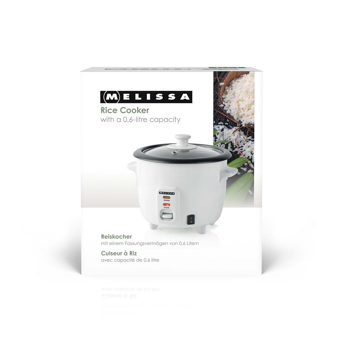 Biała maszynka do ryżu Melissa o poj. 0,6L, obok ryż.