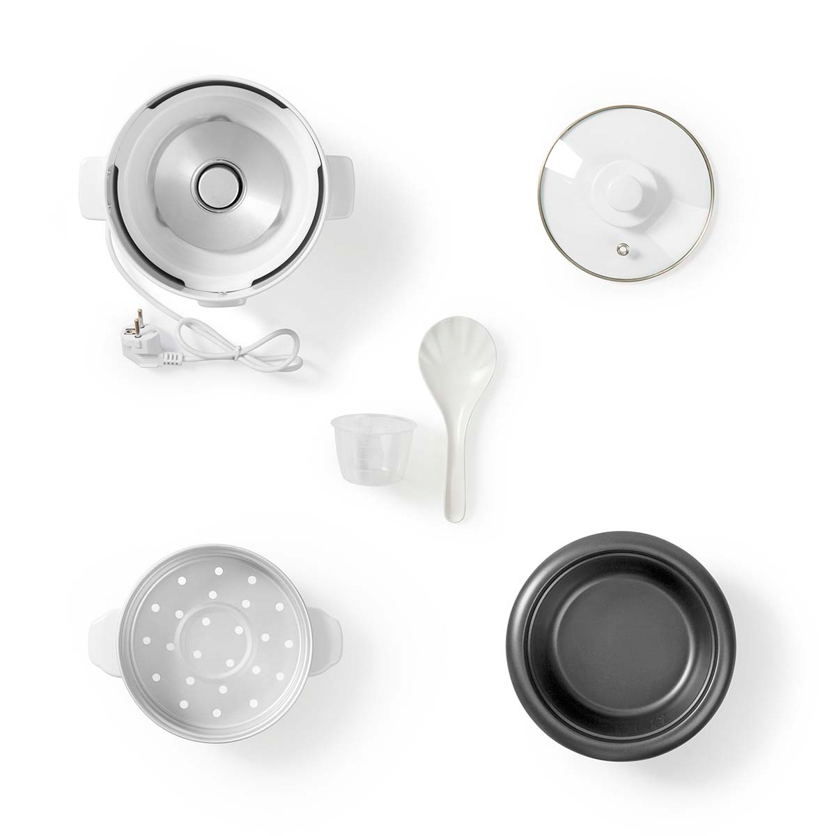 Biała parowar do ryż u z akcesoriami: garnek wewnętrzny, pokrywka, wkl. do pary, miarka, łyżka.