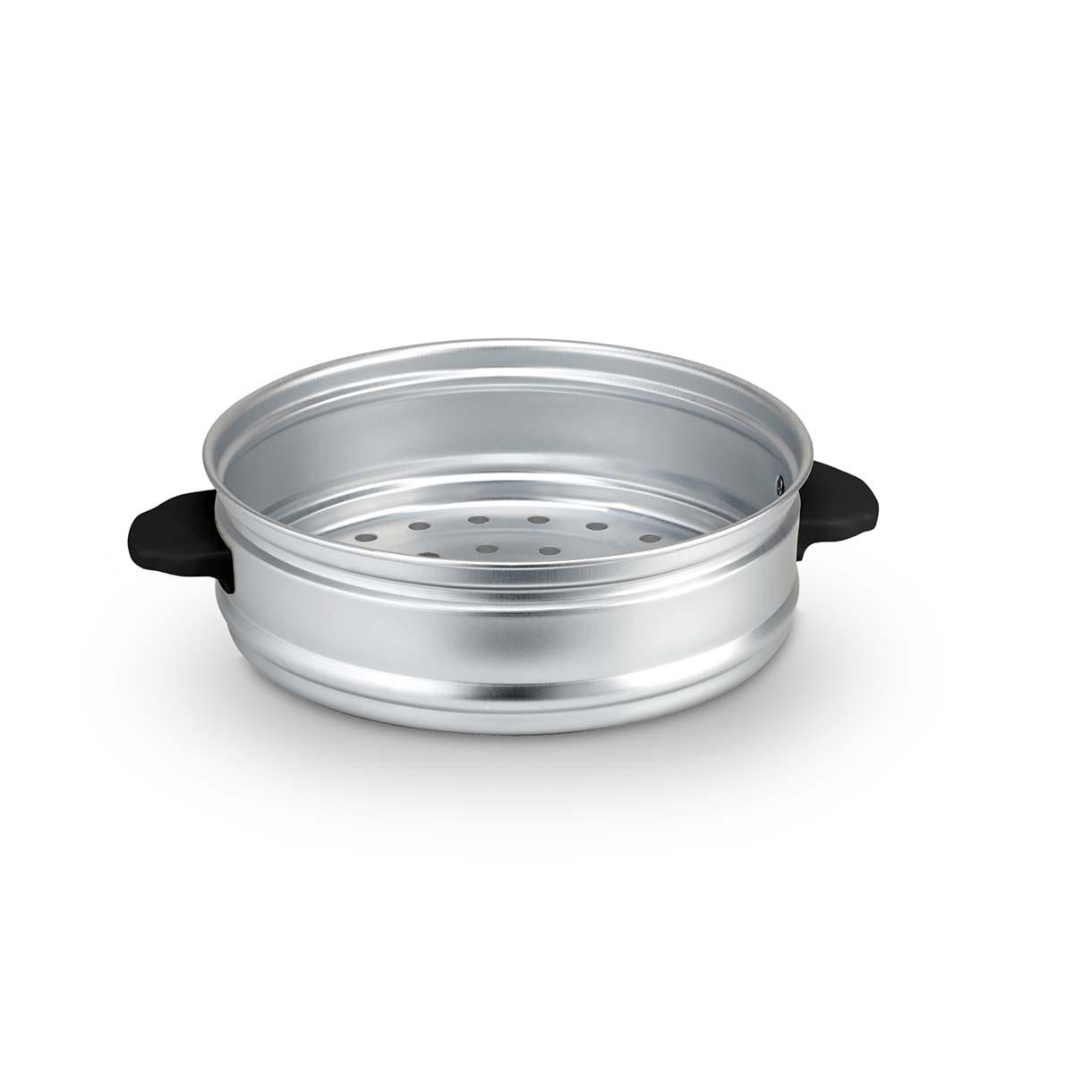 Srebrna wkładka do parowaru z czarnymi uchwytami na białym tle.