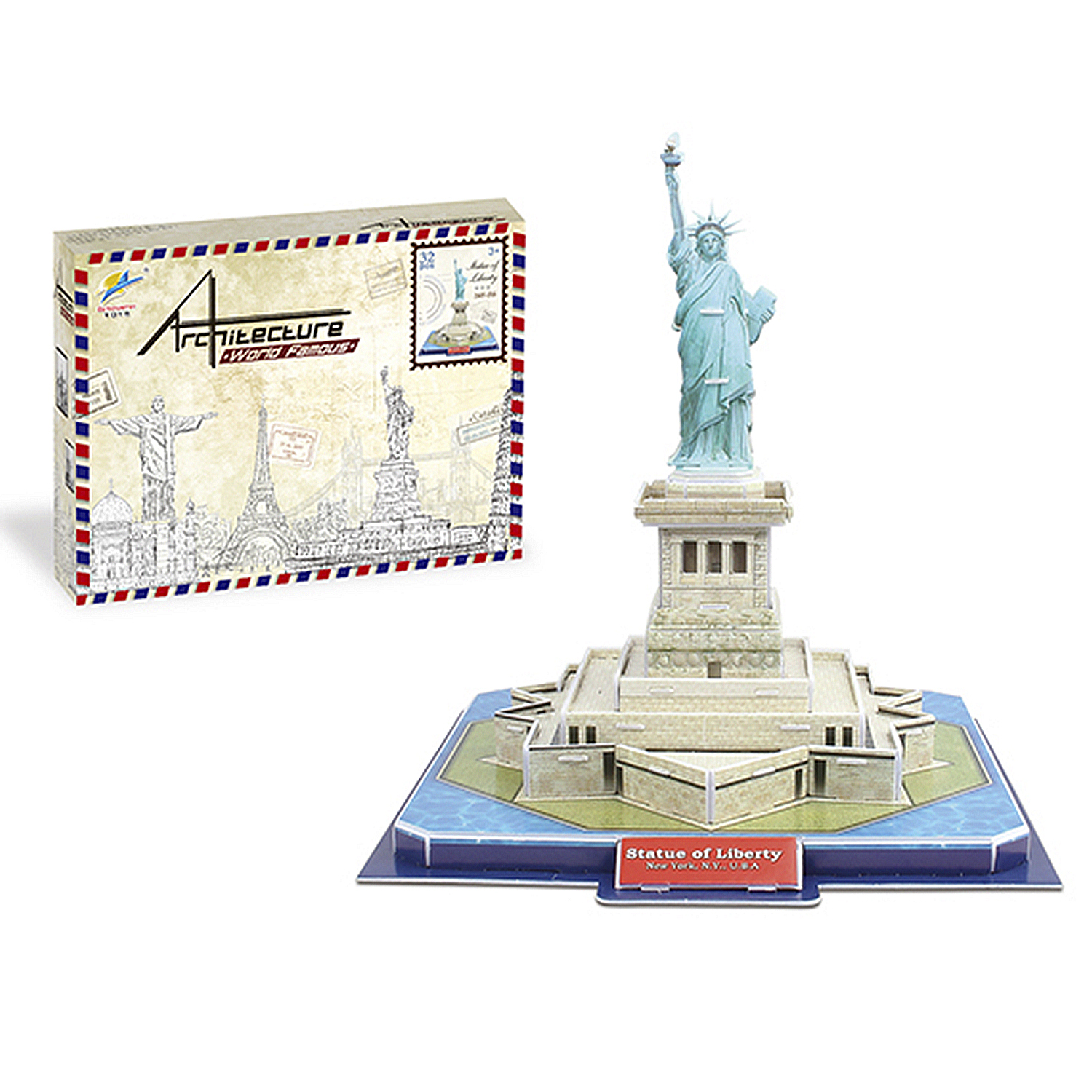 Modello puzzle 3D Statua della Libertà con scatola. Statua dettagliata, azzurra su base beige.