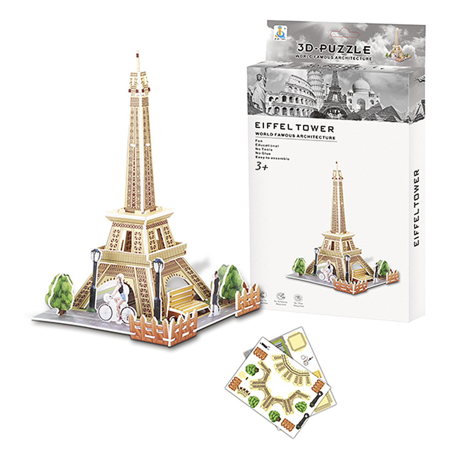 Modello puzzle 3D Torre Eiffel con scatola e pezzi.