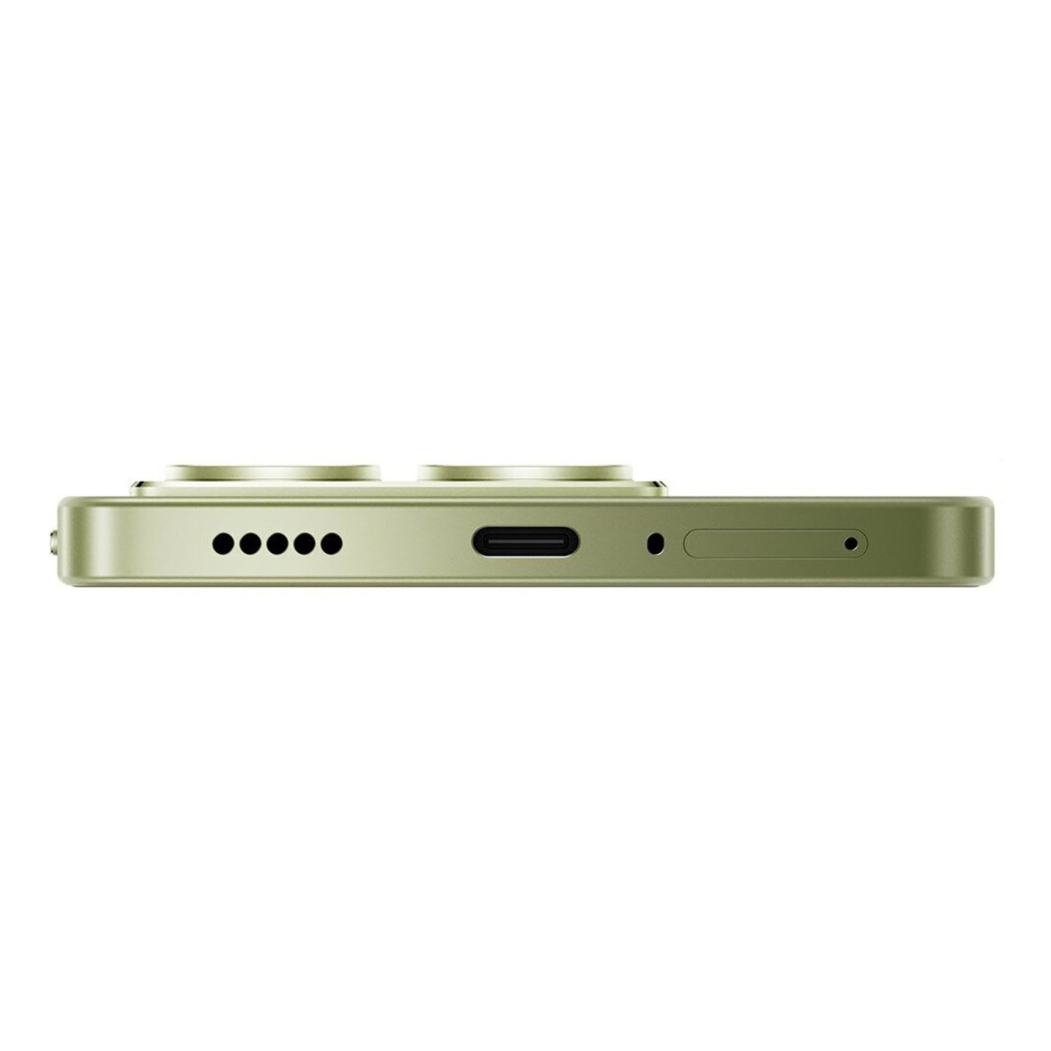 Close-up of the bottom of a light green smartphone, showing the charging port.