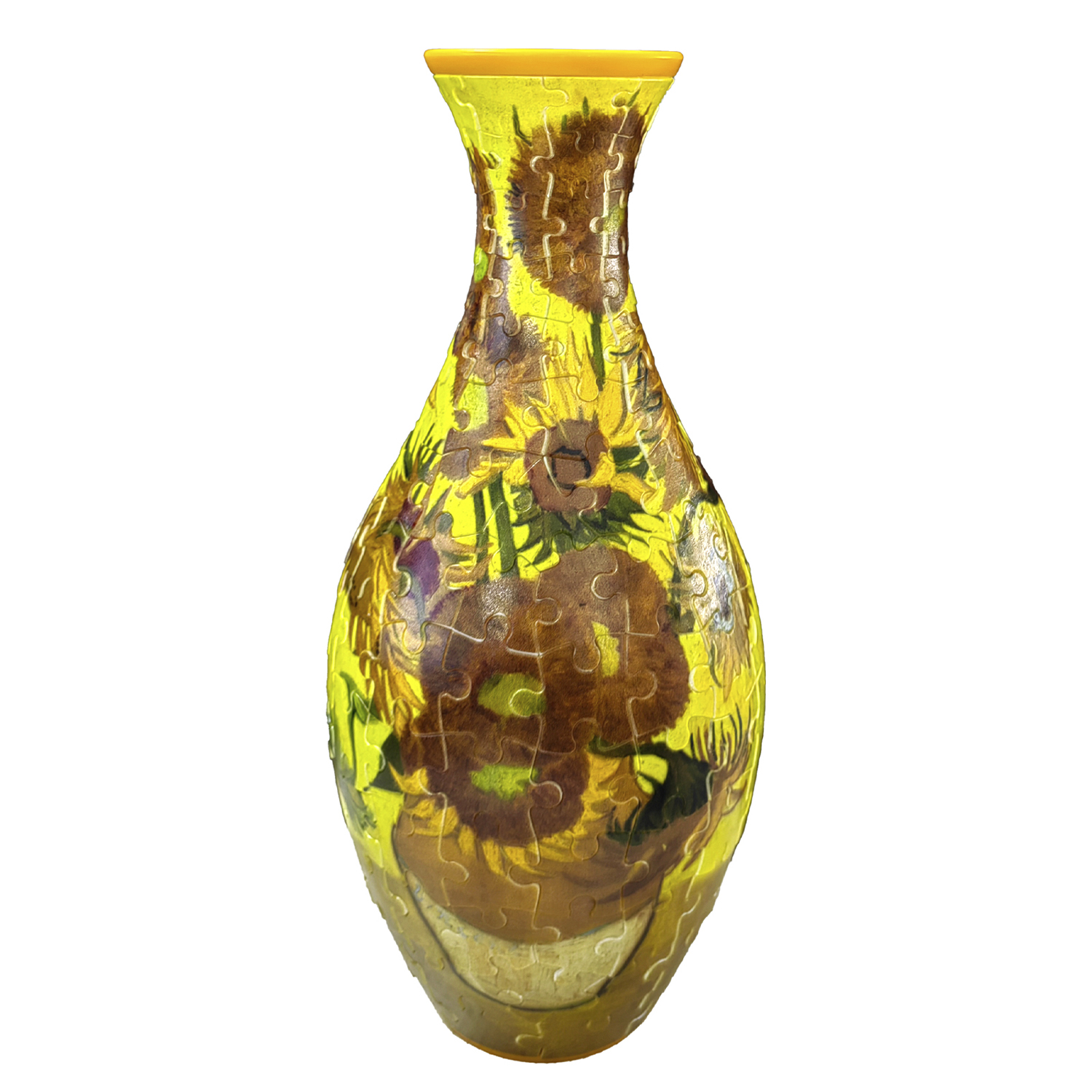 Un vaso giallo decorato con un motivo di girasoli a puzzle.