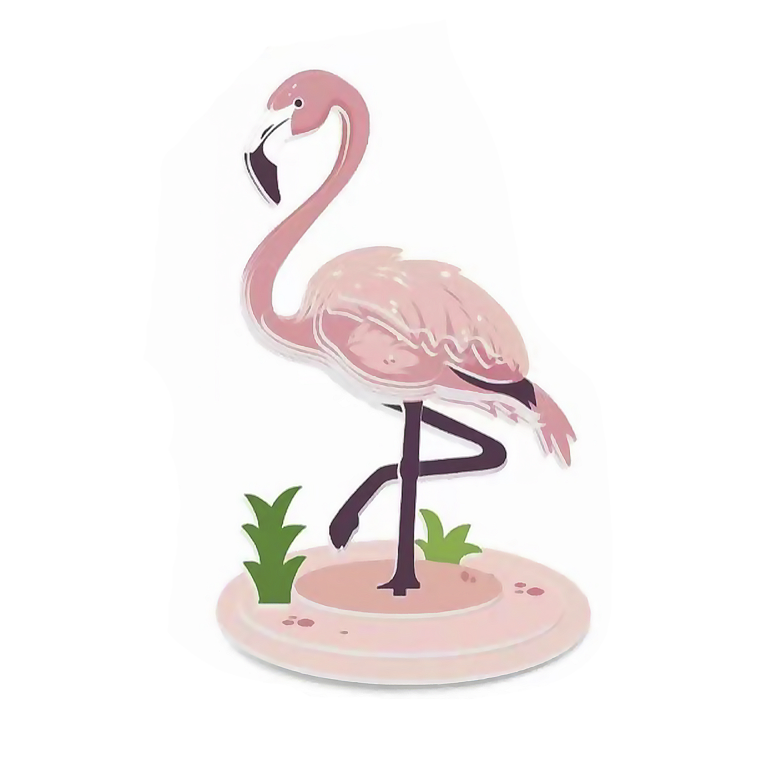 Una figura di fenicottero rosa si erge su una base rosa con piante verdi.