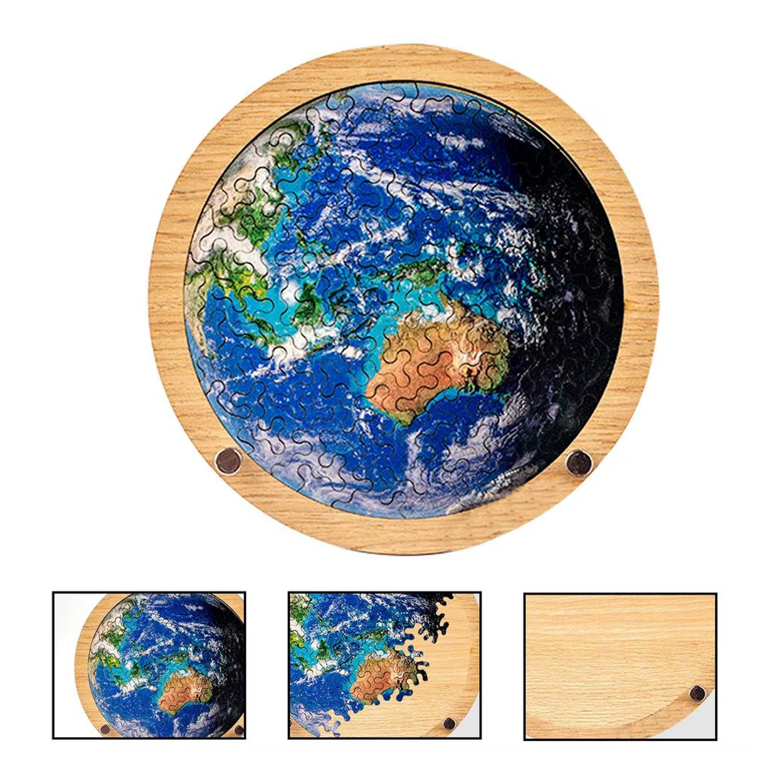 Puzzle rotondo in legno raffigurante la Terra, che mostra continenti e oceani.