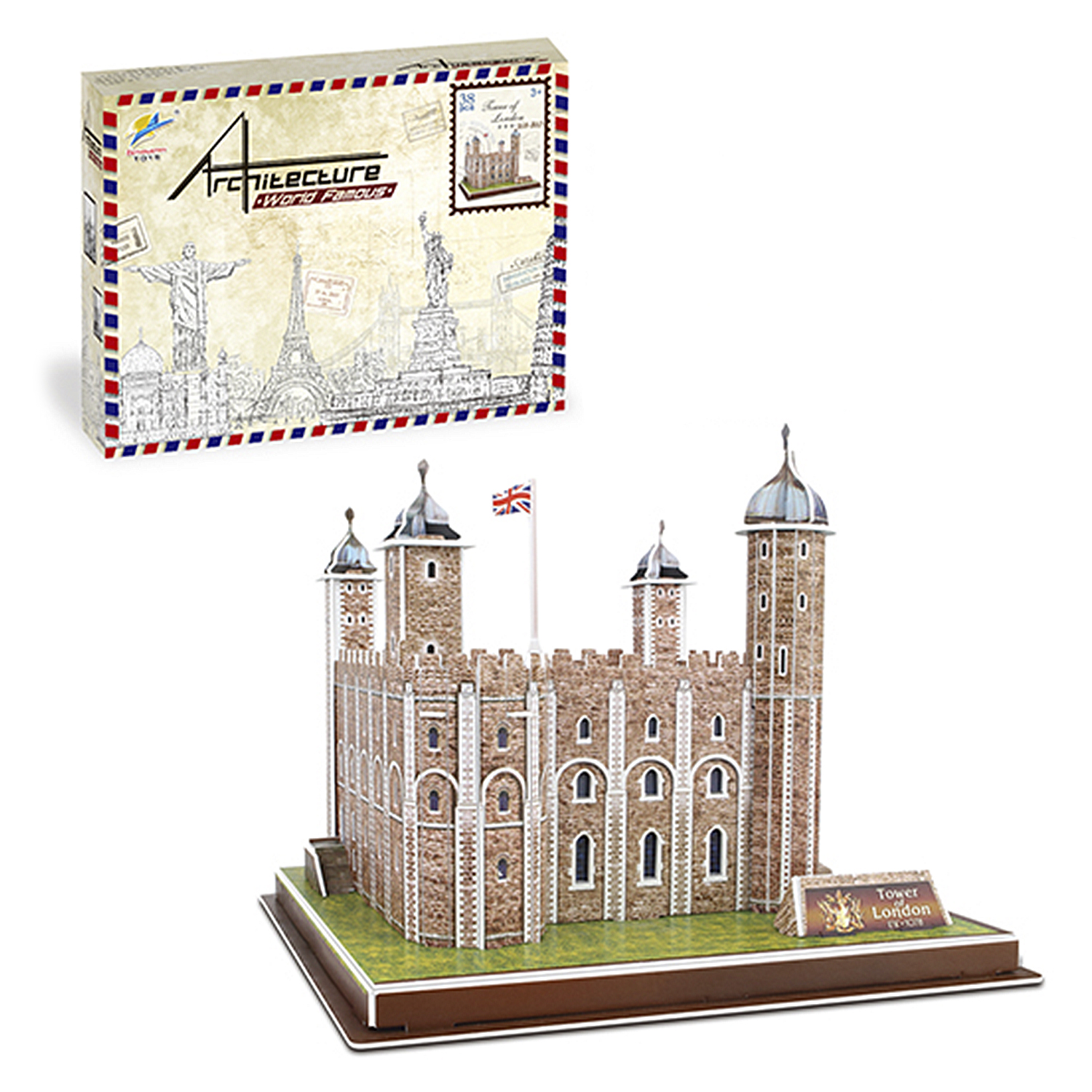 Un puzzle 3D della Torre di Londra con una scatola di famosi monumenti.