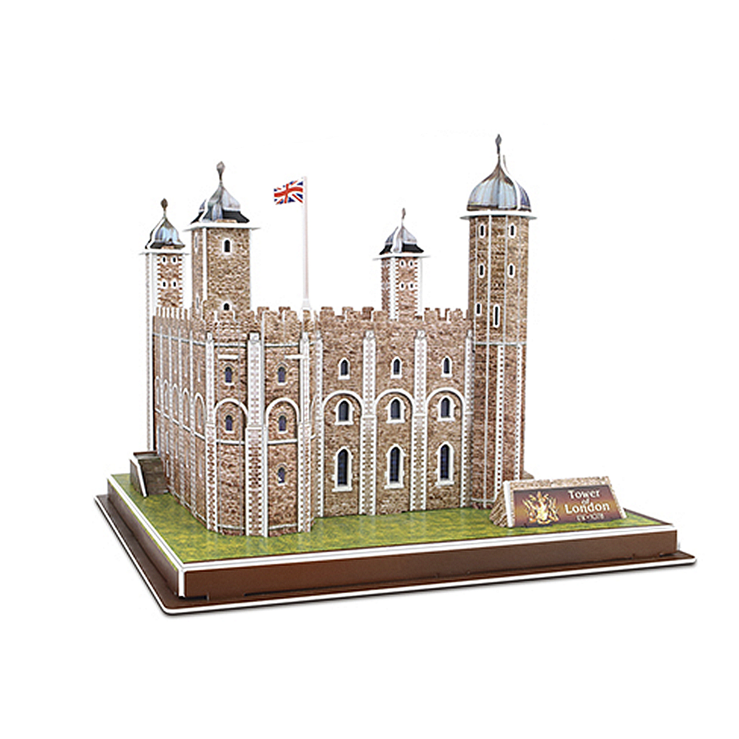 Un modello della Torre di Londra con bandiera britannica e targa.