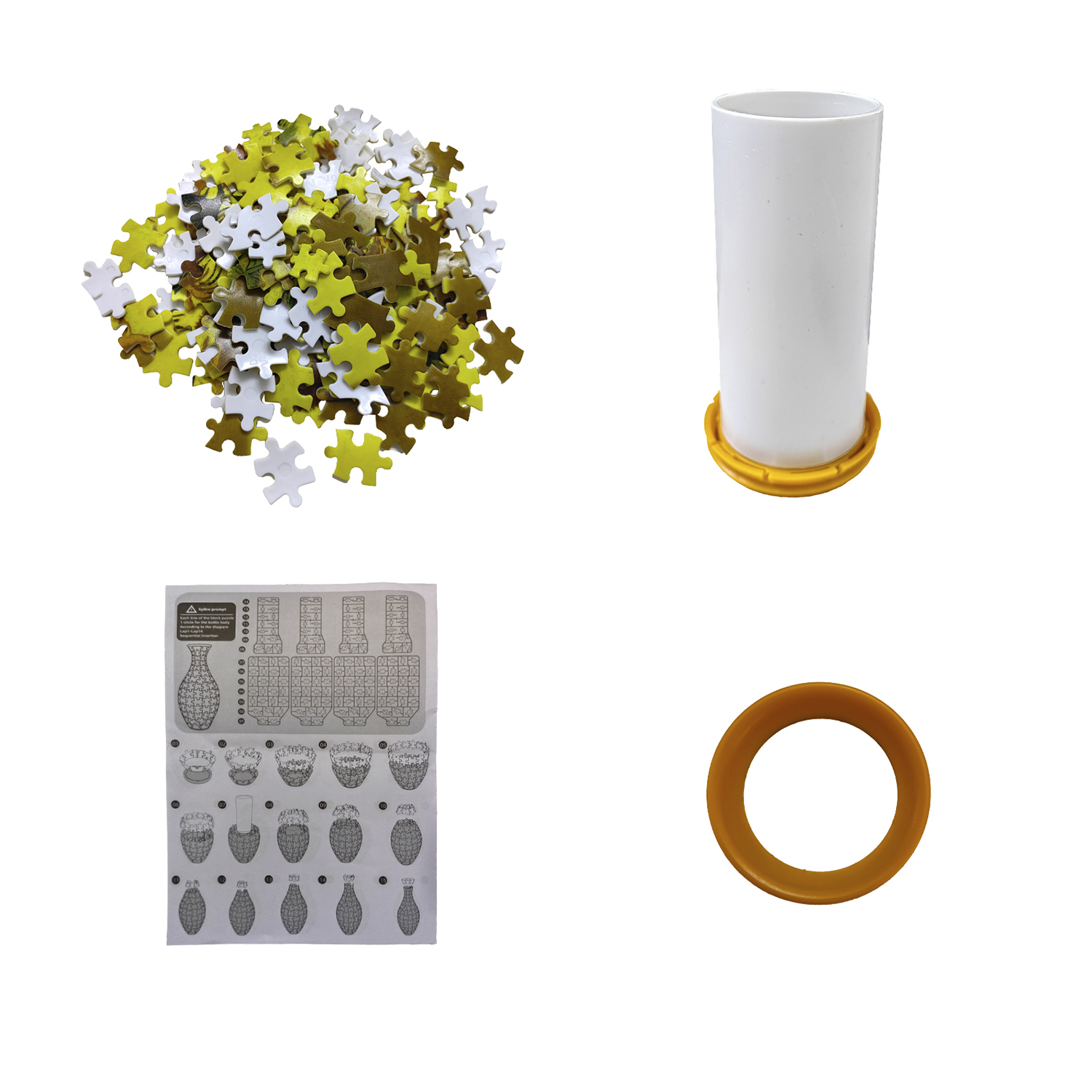 Quattro articoli: mucchio di pezzi del puzzle, cilindro bianco con base gialla, istruzioni e un anello giallo.
