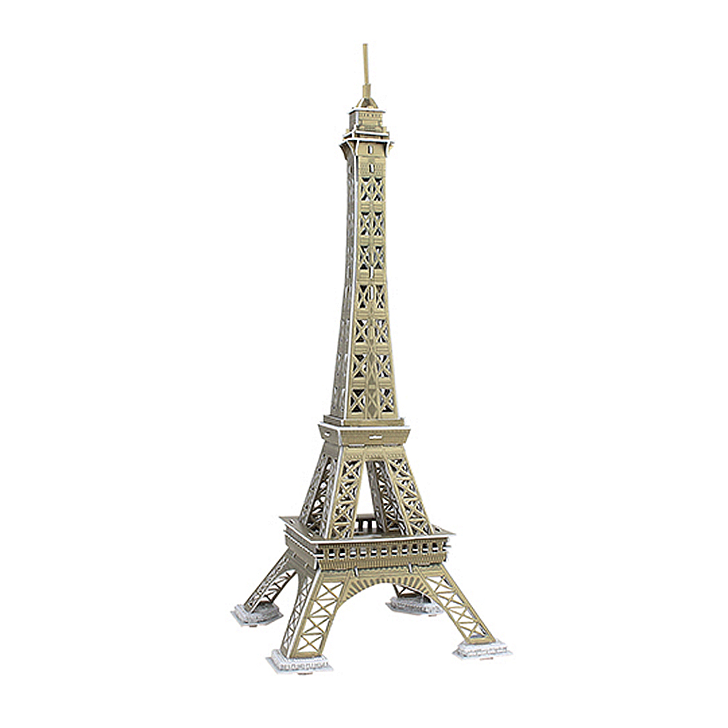 Un modello dorato della Torre Eiffel su sfondo bianco.